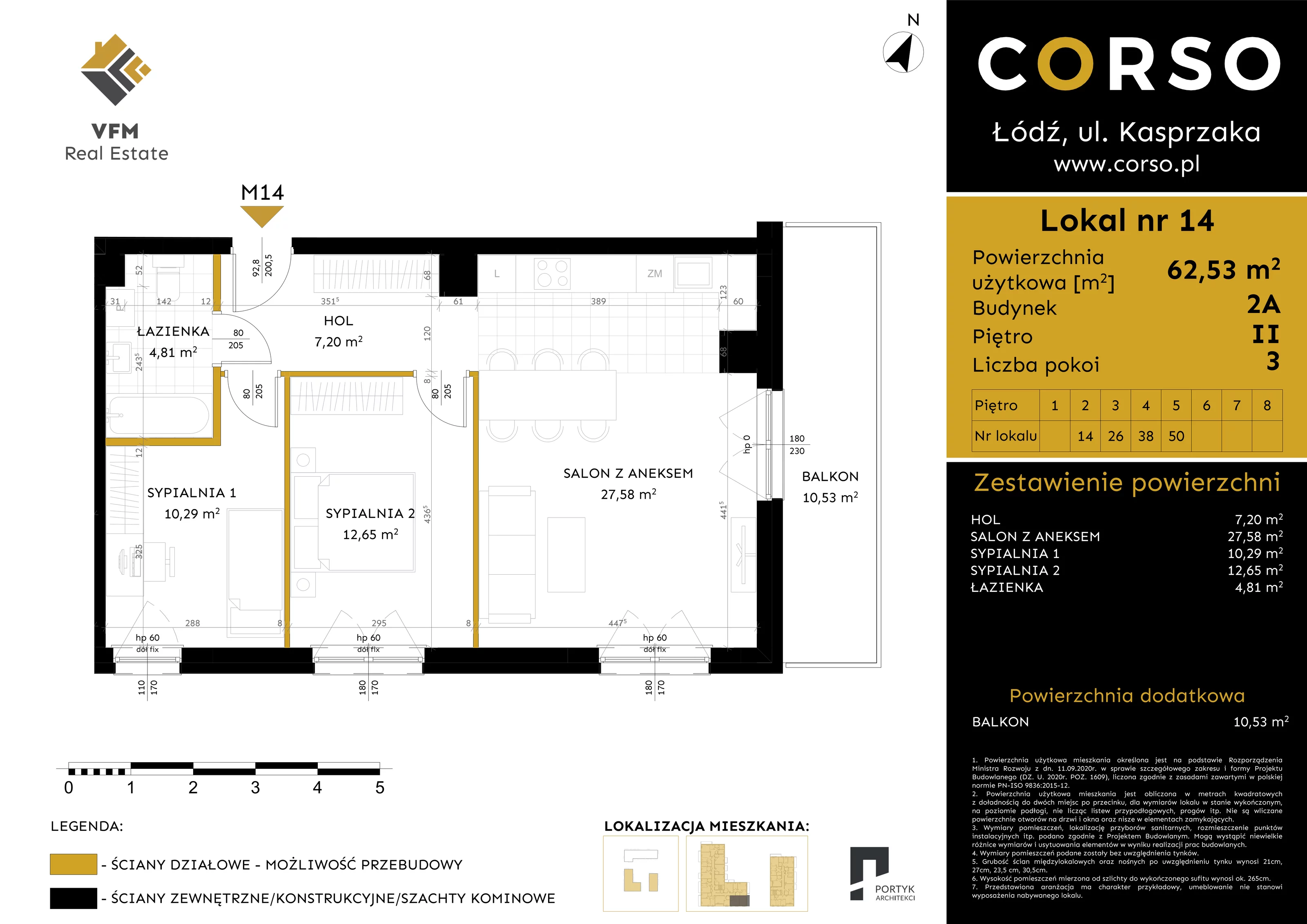 3 pokoje, mieszkanie 62,53 m², piętro 2, oferta nr 14, CORSO - etap 2A, Łódź, Polesie, Stare Polesie, ul. Kasprzaka 5