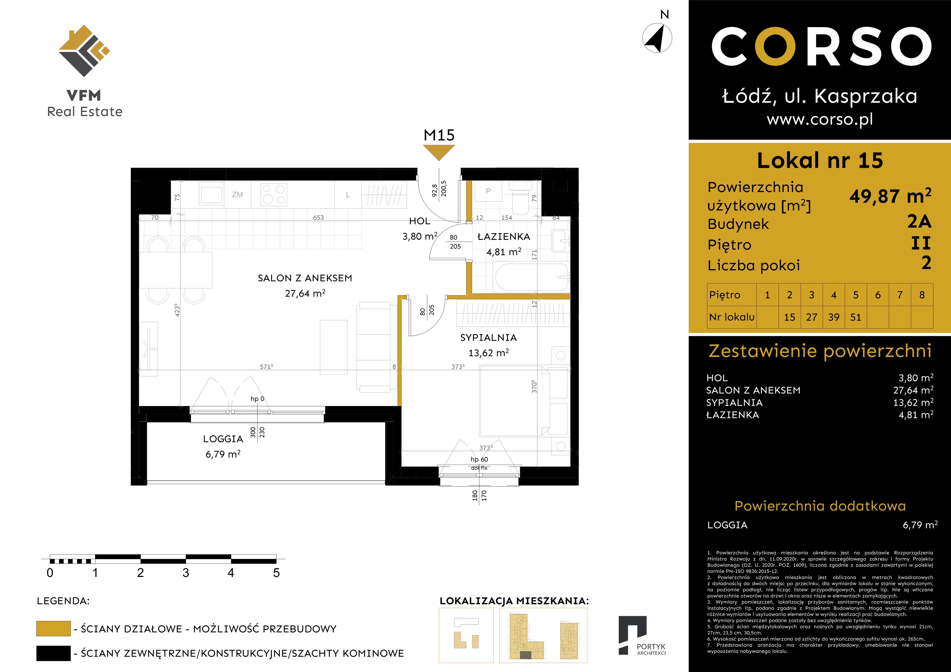 2 pokoje, mieszkanie 49,87 m², piętro 2, oferta nr 15, CORSO - etap 2A, Łódź, Polesie, Stare Polesie, ul. Kasprzaka 5