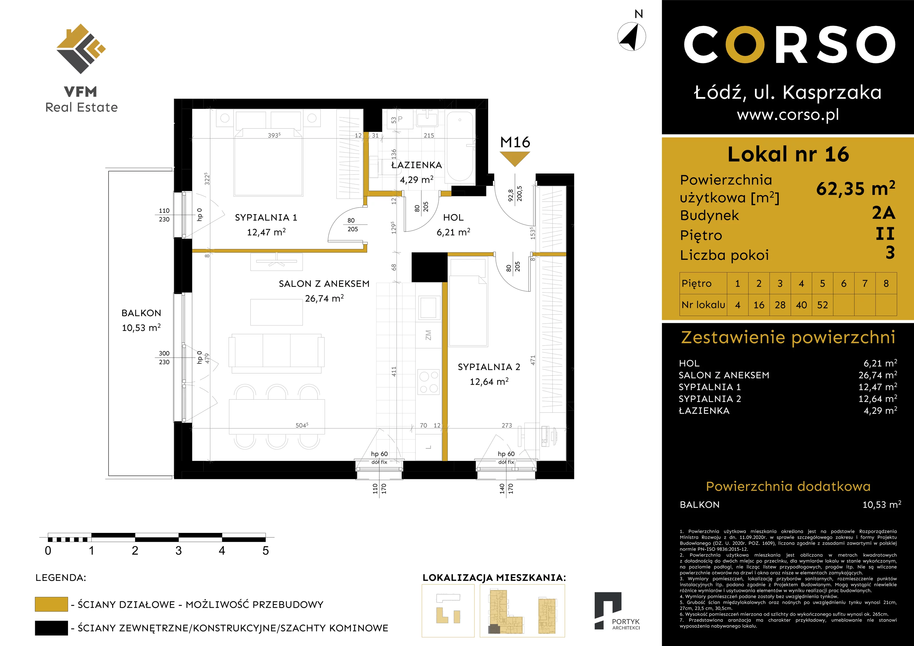 3 pokoje, mieszkanie 62,35 m², piętro 2, oferta nr 16, CORSO - etap 2A, Łódź, Polesie, Stare Polesie, ul. Kasprzaka 5