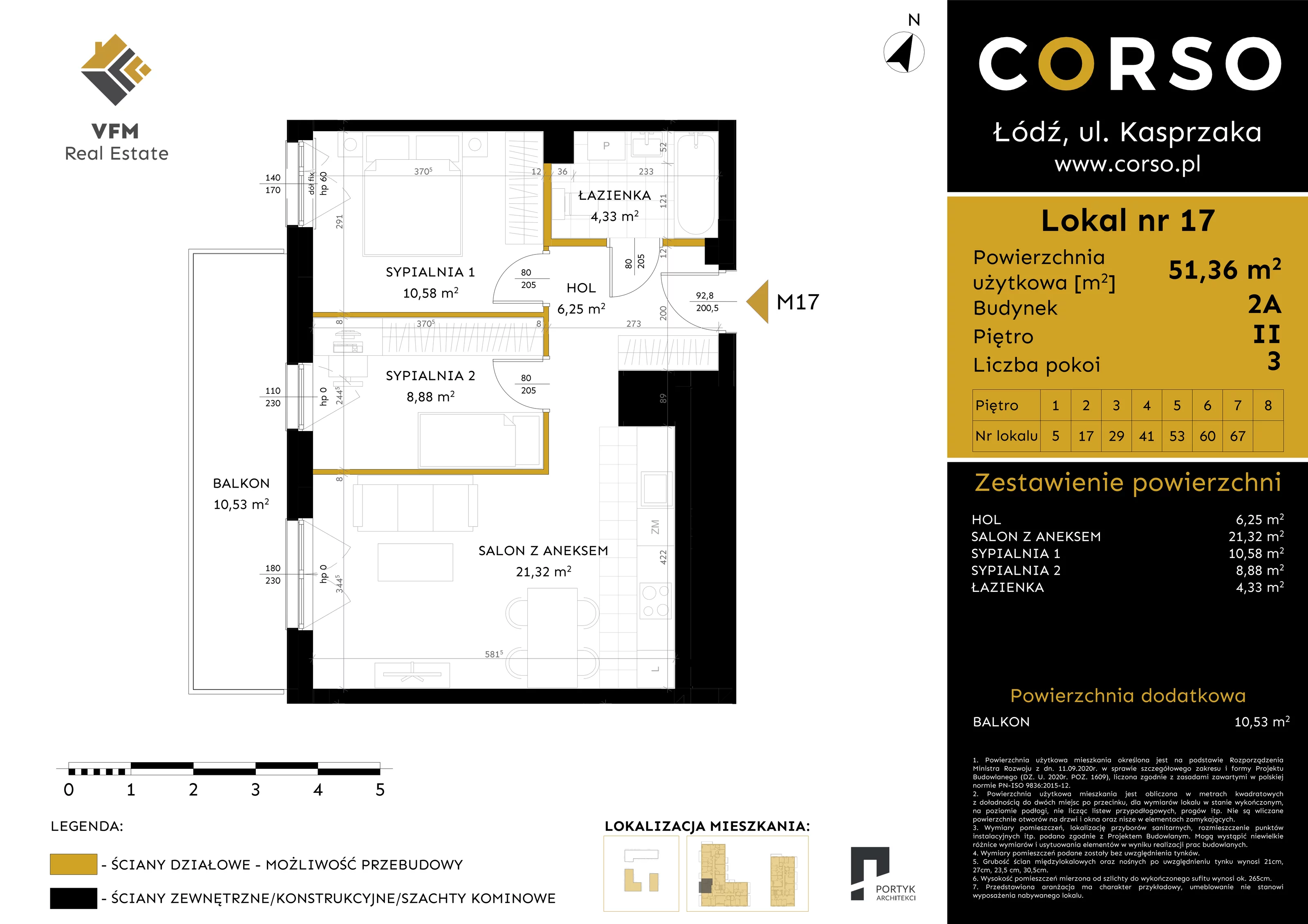 3 pokoje, mieszkanie 51,36 m², piętro 2, oferta nr 17, CORSO - etap 2A, Łódź, Polesie, Stare Polesie, ul. Kasprzaka 5