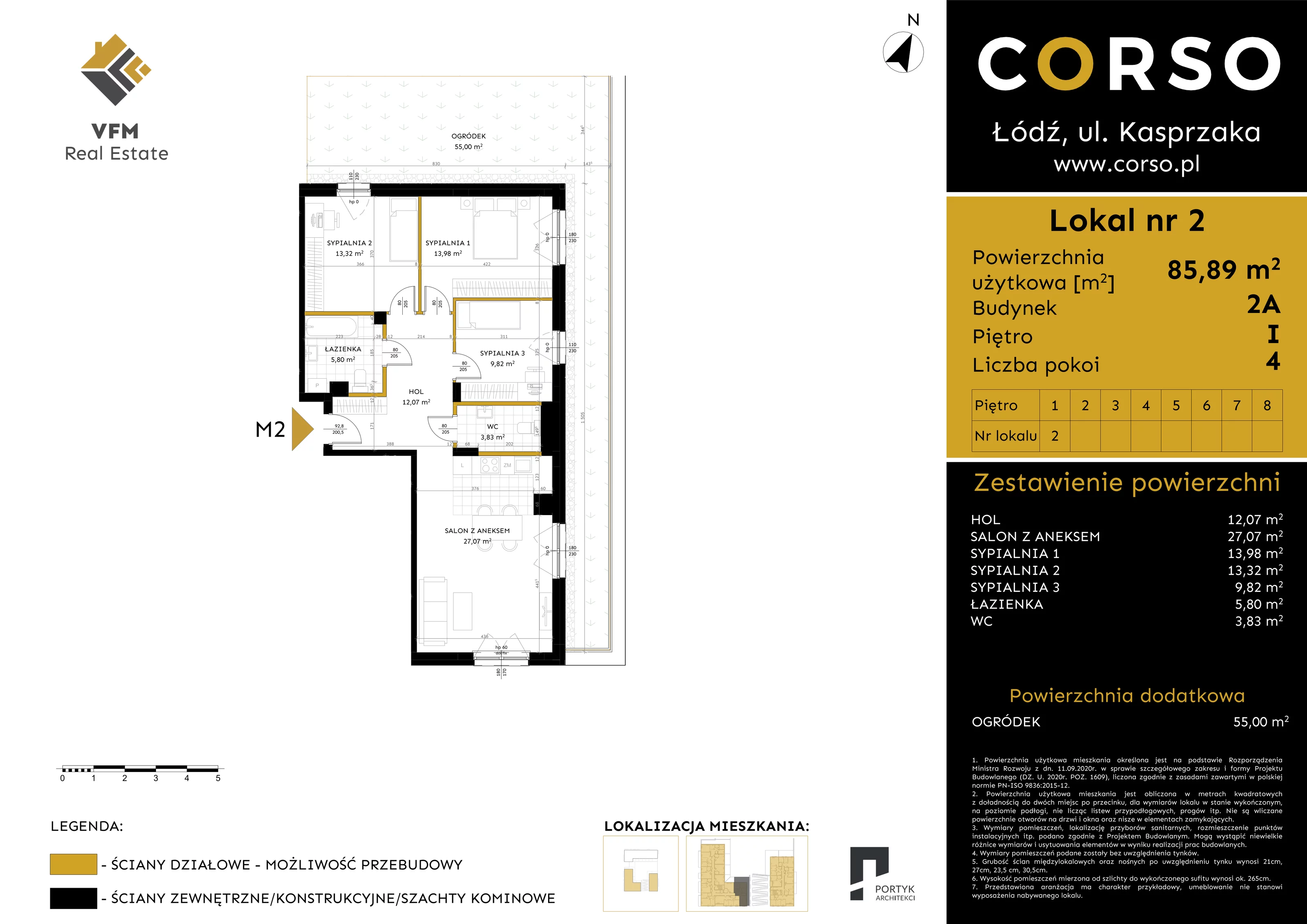 4 pokoje, mieszkanie 85,89 m², piętro 1, oferta nr 2, CORSO - etap 2A, Łódź, Polesie, Stare Polesie, ul. Kasprzaka 5