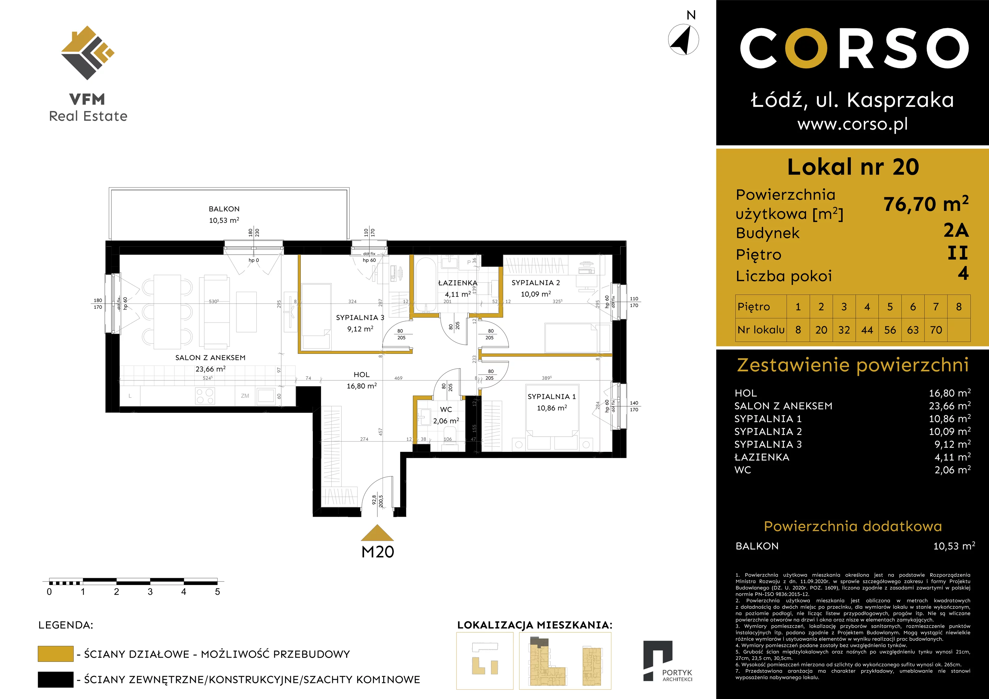 4 pokoje, mieszkanie 76,70 m², piętro 2, oferta nr 20, CORSO - etap 2A, Łódź, Polesie, Stare Polesie, ul. Kasprzaka 5