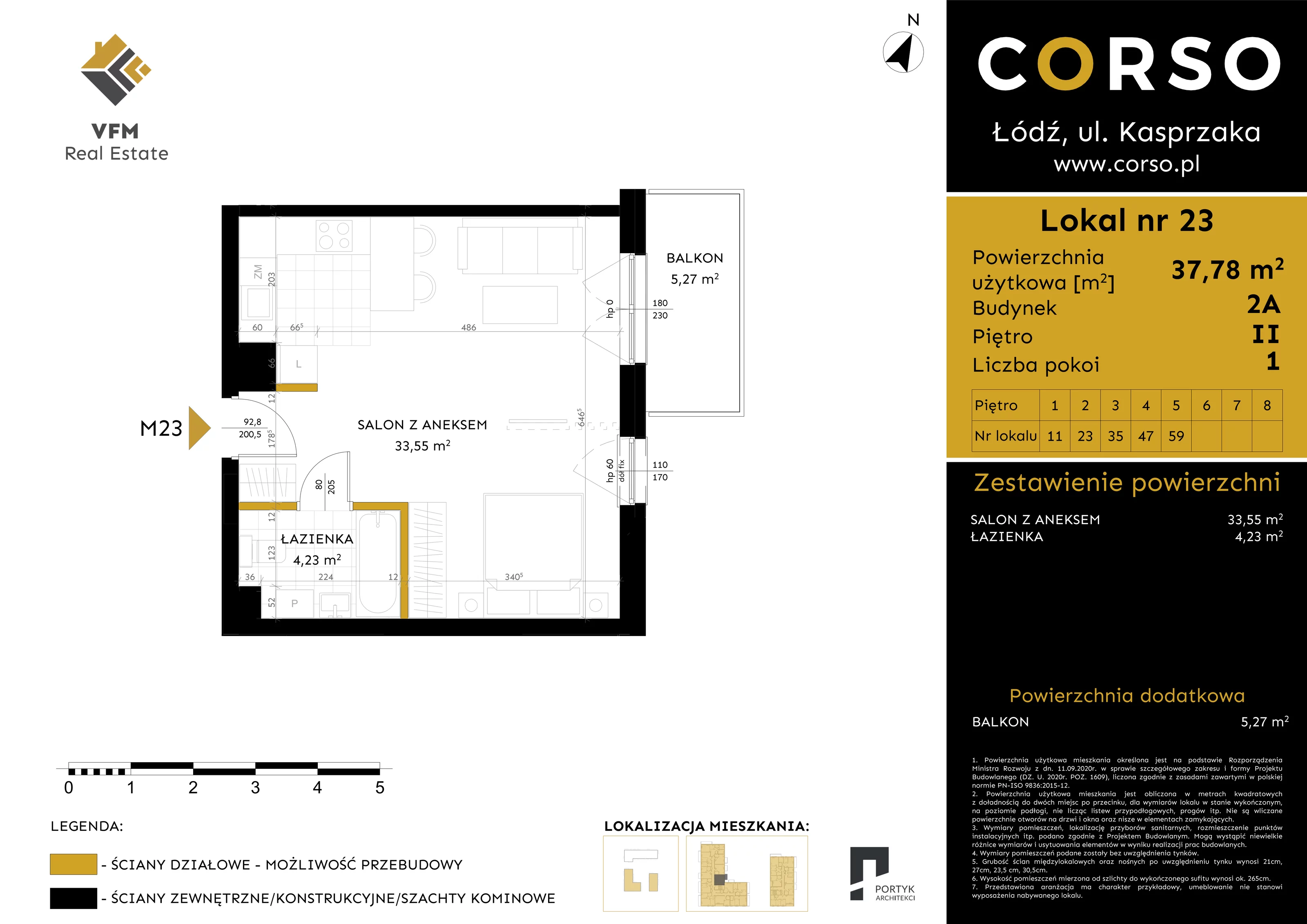 Mieszkanie 37,78 m², piętro 2, oferta nr 23, CORSO - etap 2A, Łódź, Polesie, Stare Polesie, ul. Kasprzaka 5