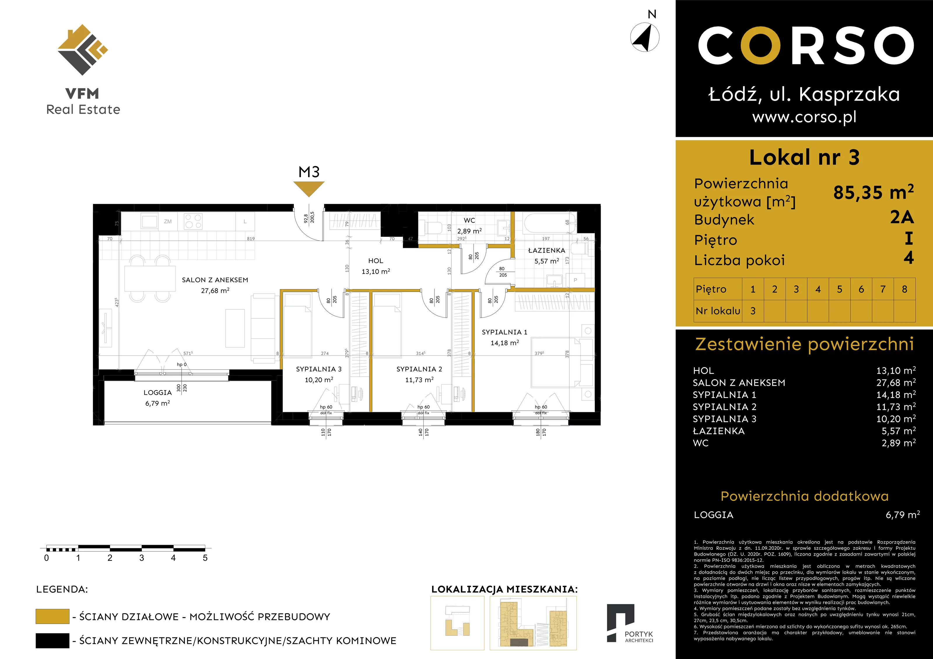 4 pokoje, mieszkanie 85,35 m², piętro 1, oferta nr 3, CORSO - etap 2A, Łódź, Polesie, Stare Polesie, ul. Kasprzaka 5