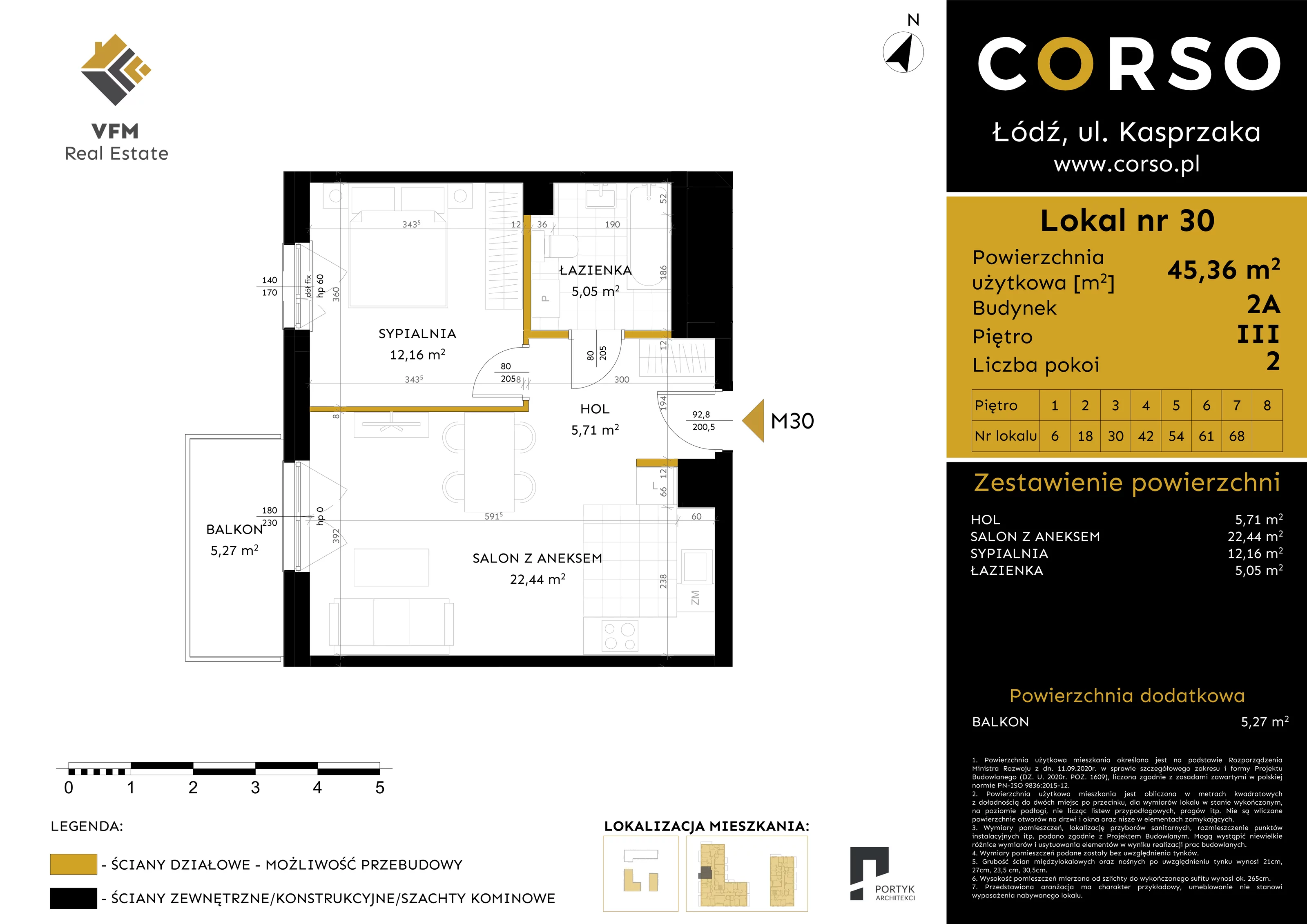 2 pokoje, mieszkanie 45,36 m², piętro 3, oferta nr 30, CORSO - etap 2A, Łódź, Polesie, Stare Polesie, ul. Kasprzaka 5