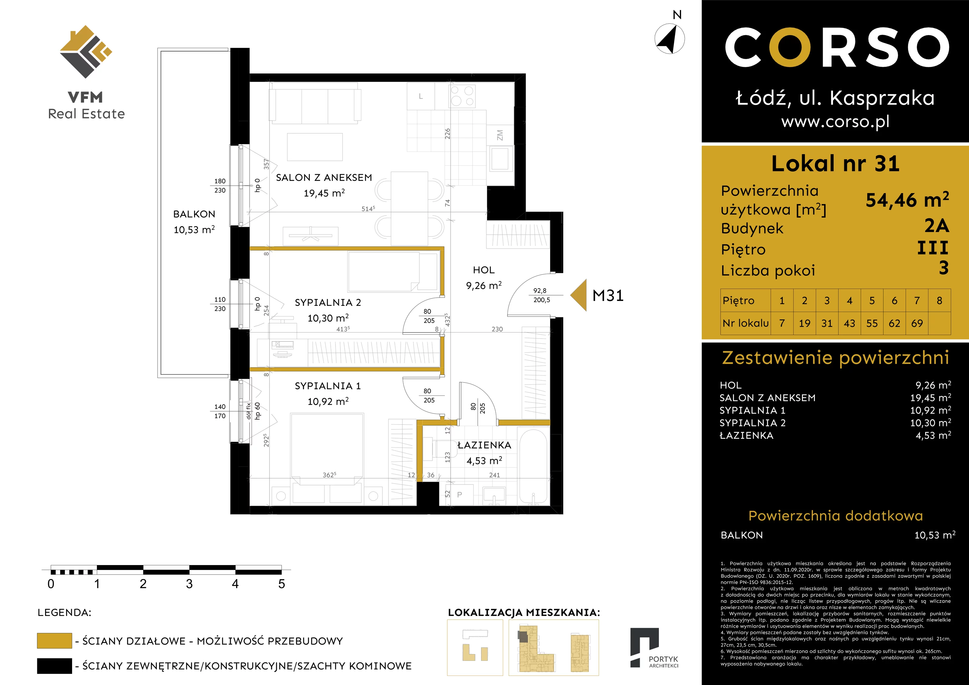 3 pokoje, mieszkanie 54,46 m², piętro 3, oferta nr 31, CORSO - etap 2A, Łódź, Polesie, Stare Polesie, ul. Kasprzaka 5