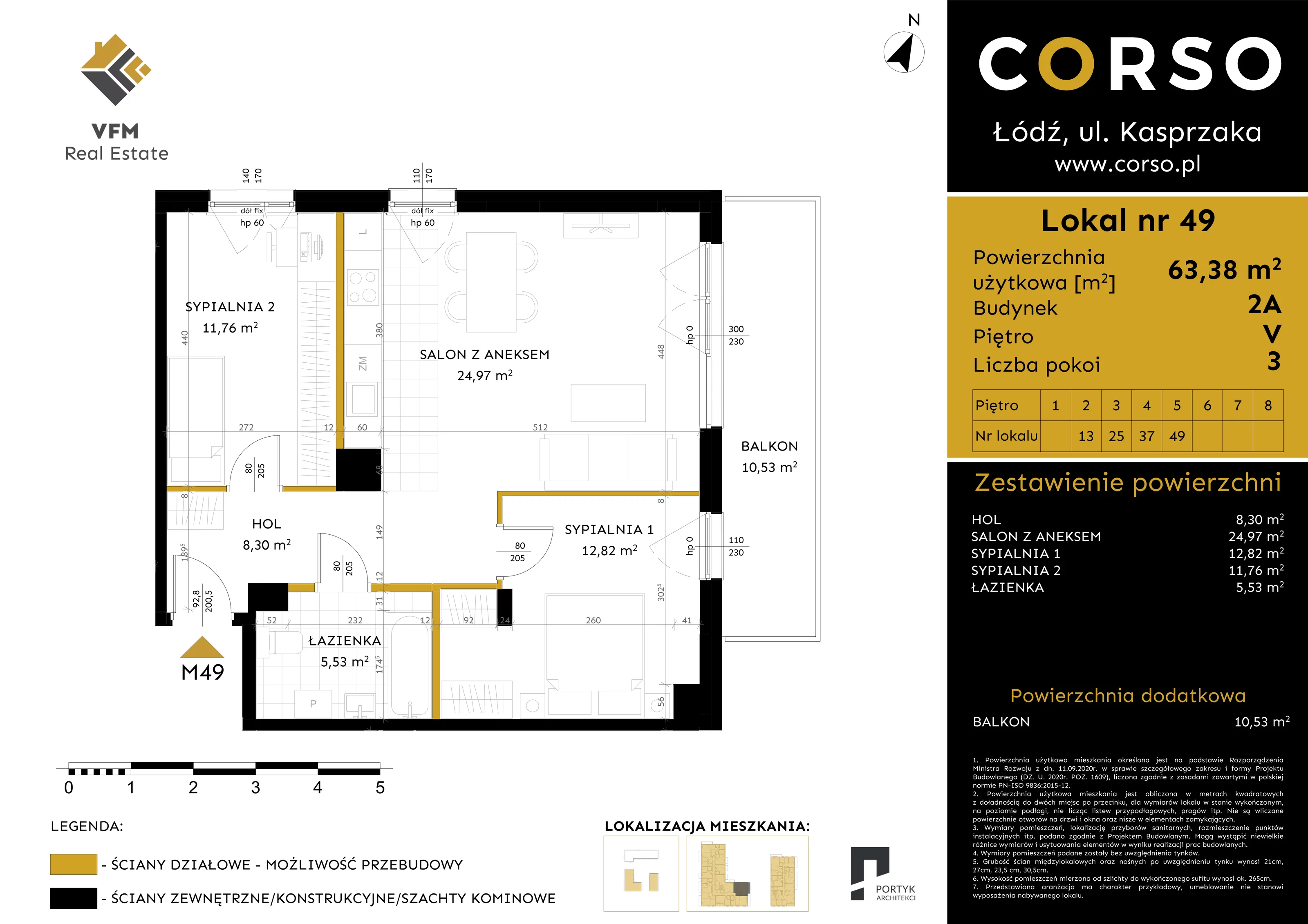 3 pokoje, mieszkanie 63,38 m², piętro 5, oferta nr 49, CORSO - etap 2A, Łódź, Polesie, Stare Polesie, ul. Kasprzaka 5