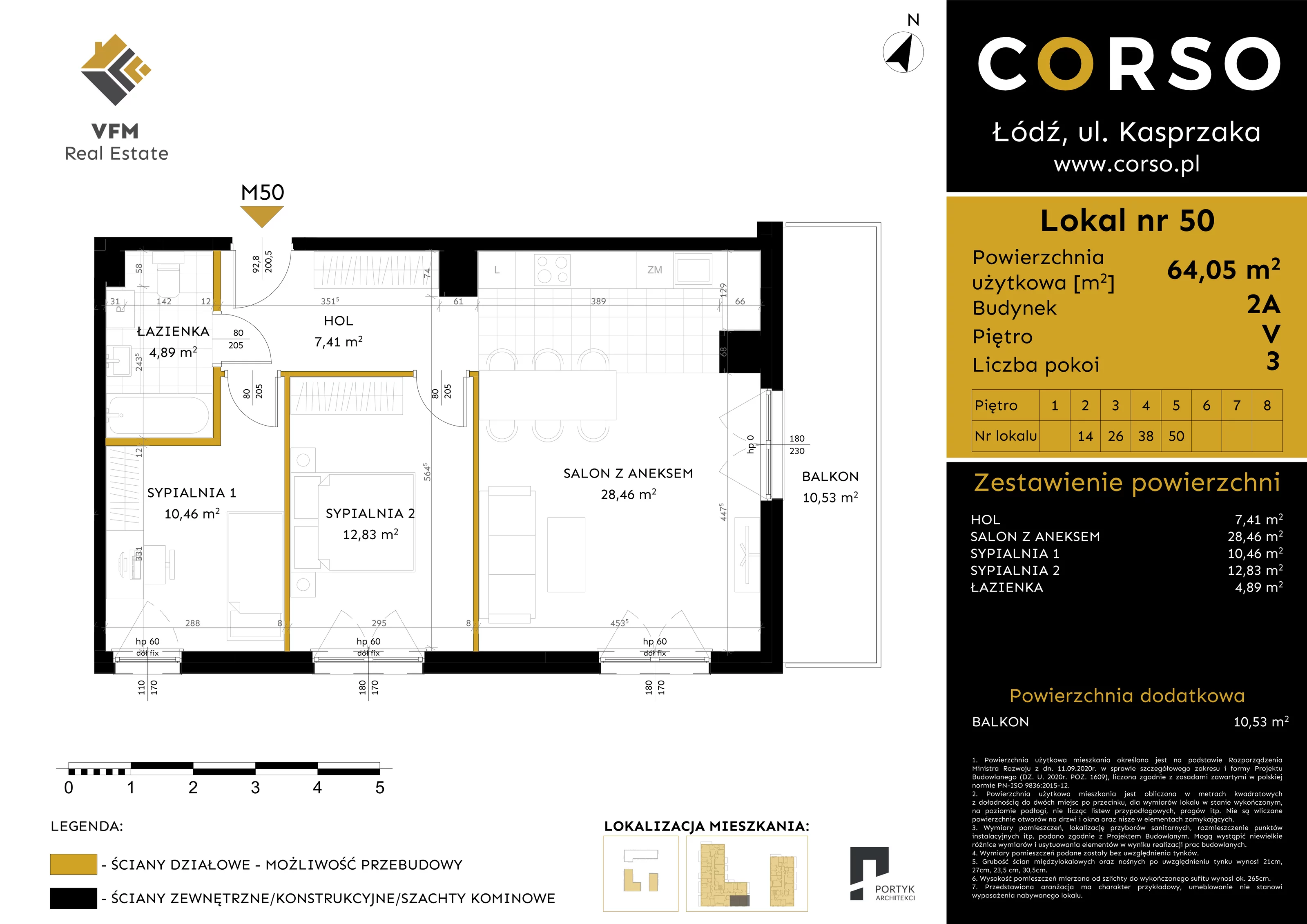 3 pokoje, mieszkanie 64,05 m², piętro 5, oferta nr 50, CORSO - etap 2A, Łódź, Polesie, Stare Polesie, ul. Kasprzaka 5