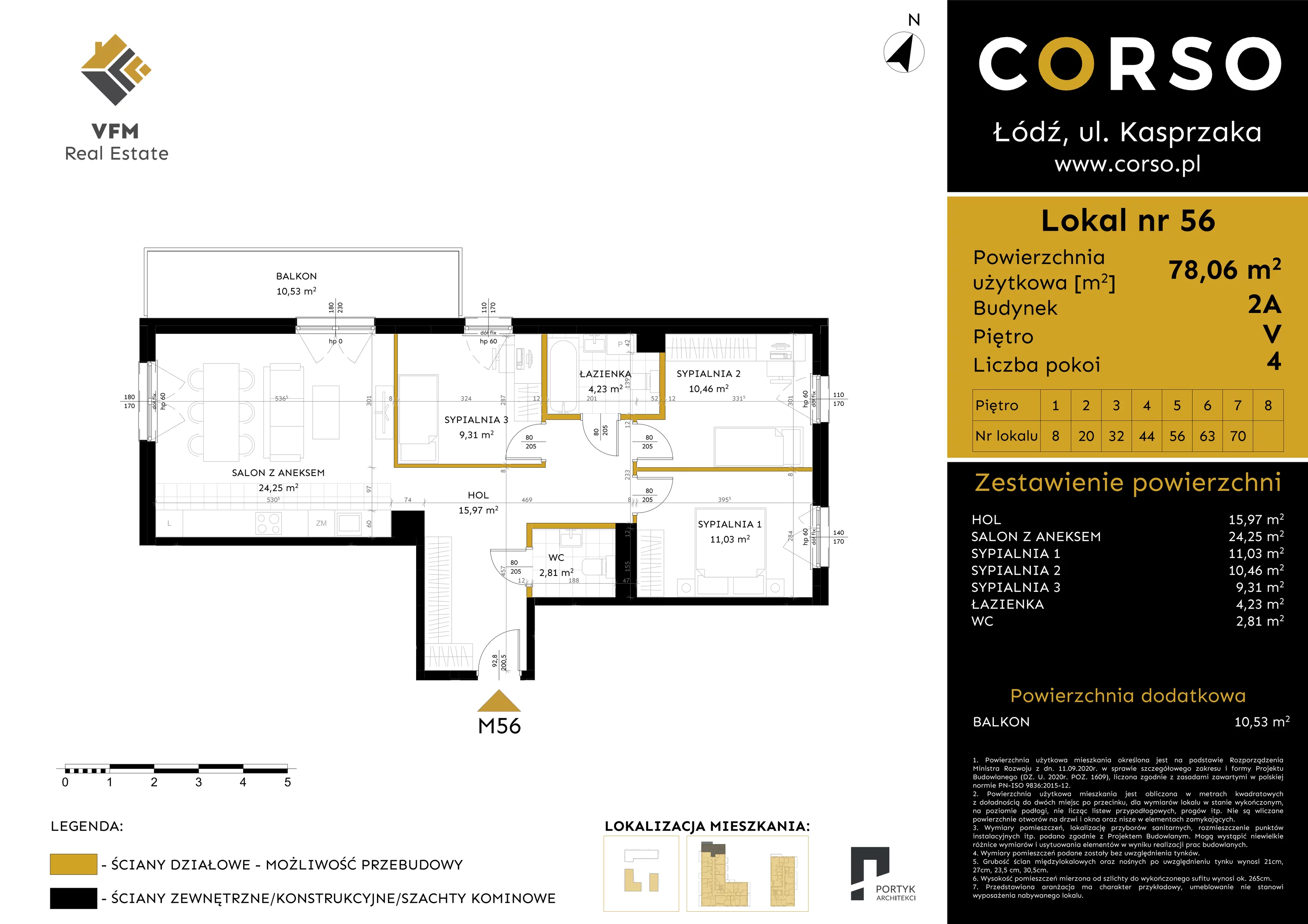 4 pokoje, mieszkanie 78,06 m², piętro 5, oferta nr 56, CORSO - etap 2A, Łódź, Polesie, Stare Polesie, ul. Kasprzaka 5