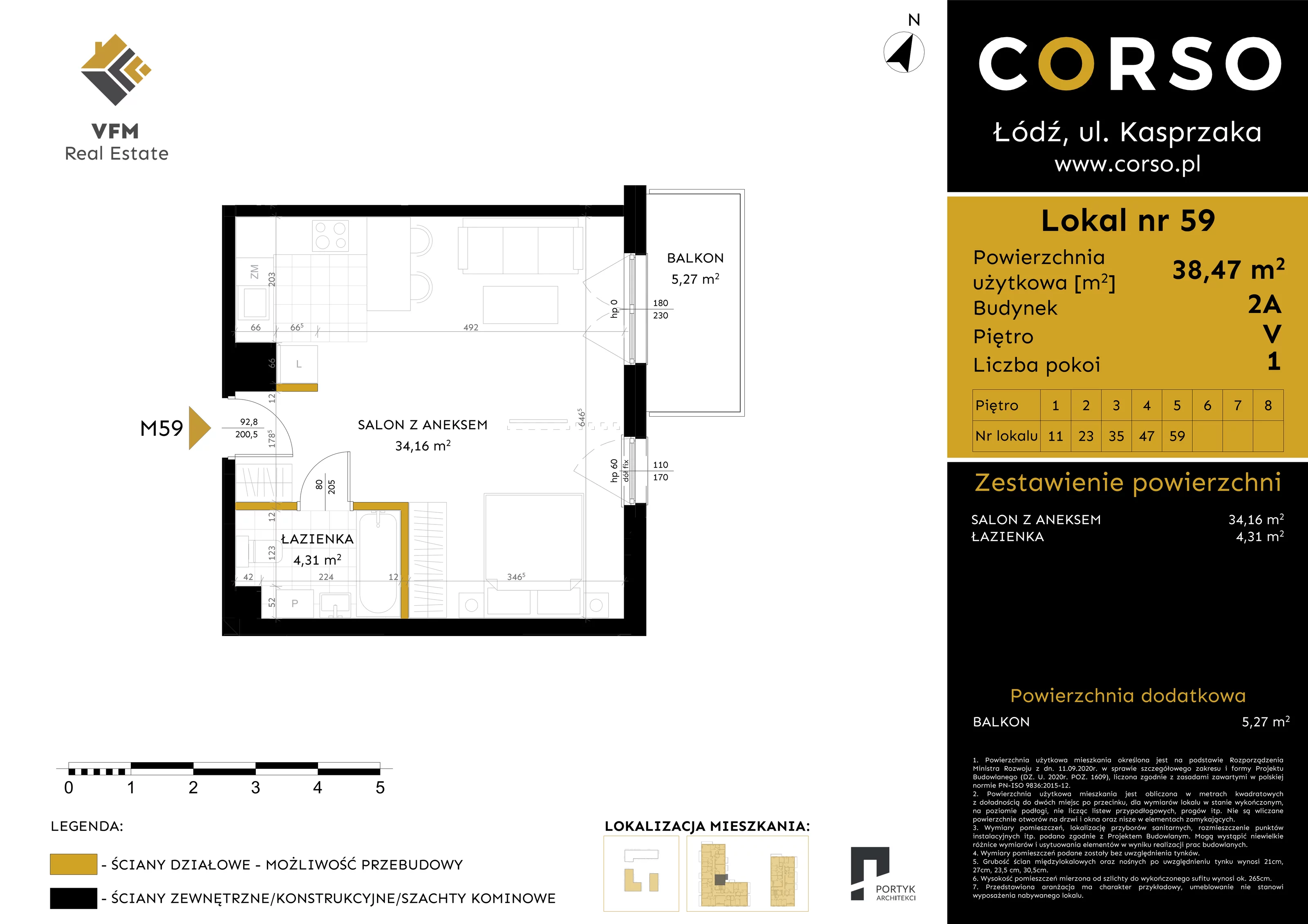 Mieszkanie 38,47 m², piętro 5, oferta nr 59, CORSO - etap 2A, Łódź, Polesie, Stare Polesie, ul. Kasprzaka 5