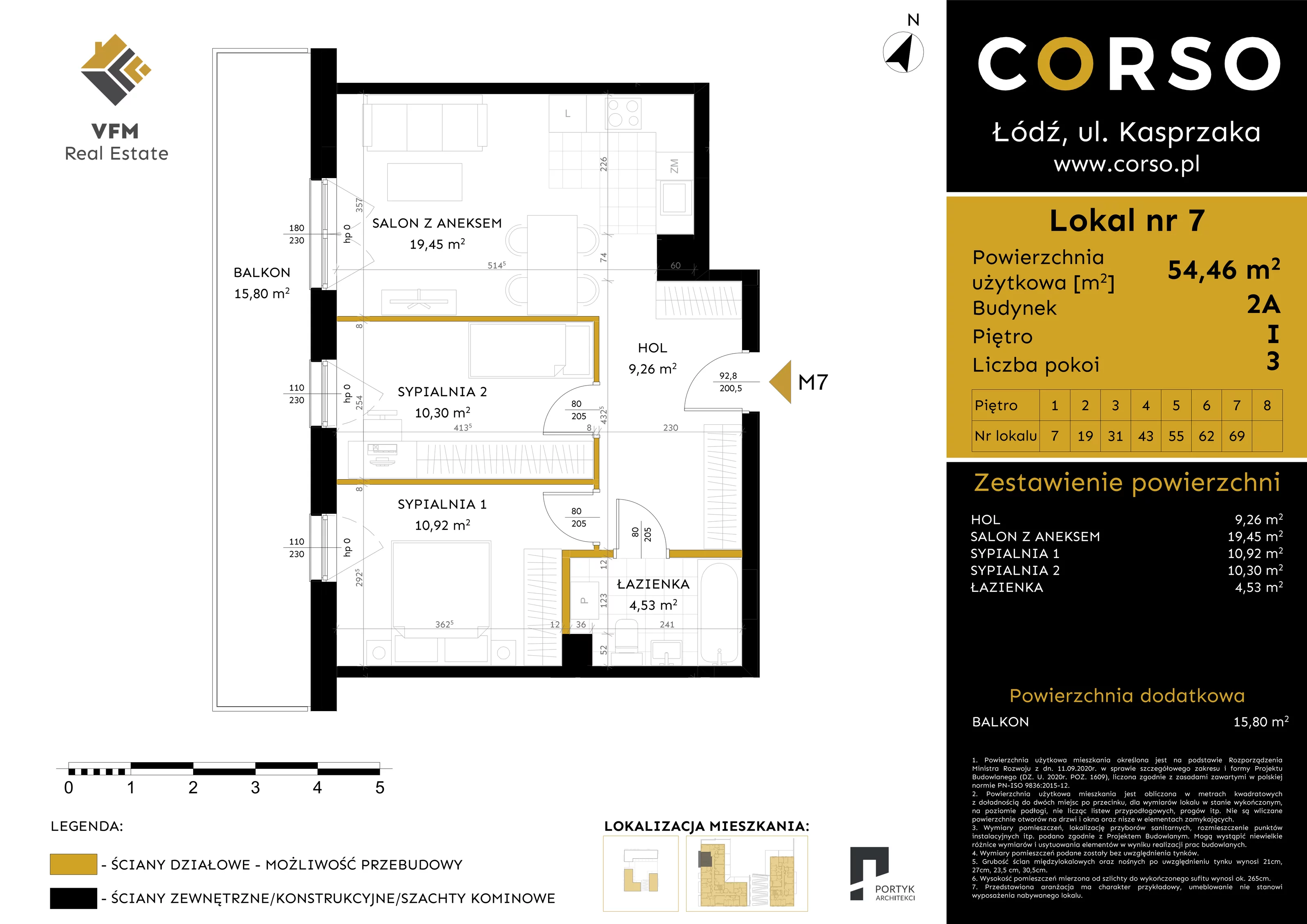 3 pokoje, mieszkanie 54,46 m², piętro 1, oferta nr 7, CORSO - etap 2A, Łódź, Polesie, Stare Polesie, ul. Kasprzaka 5