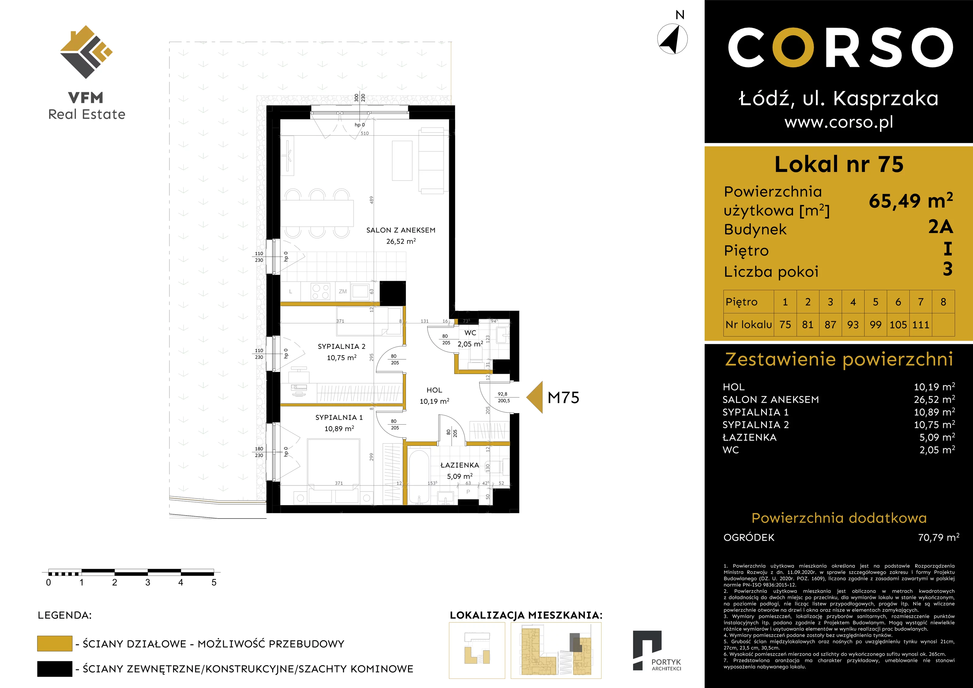 3 pokoje, mieszkanie 65,49 m², piętro 1, oferta nr 75, CORSO - etap 2A, Łódź, Polesie, Stare Polesie, ul. Kasprzaka 5