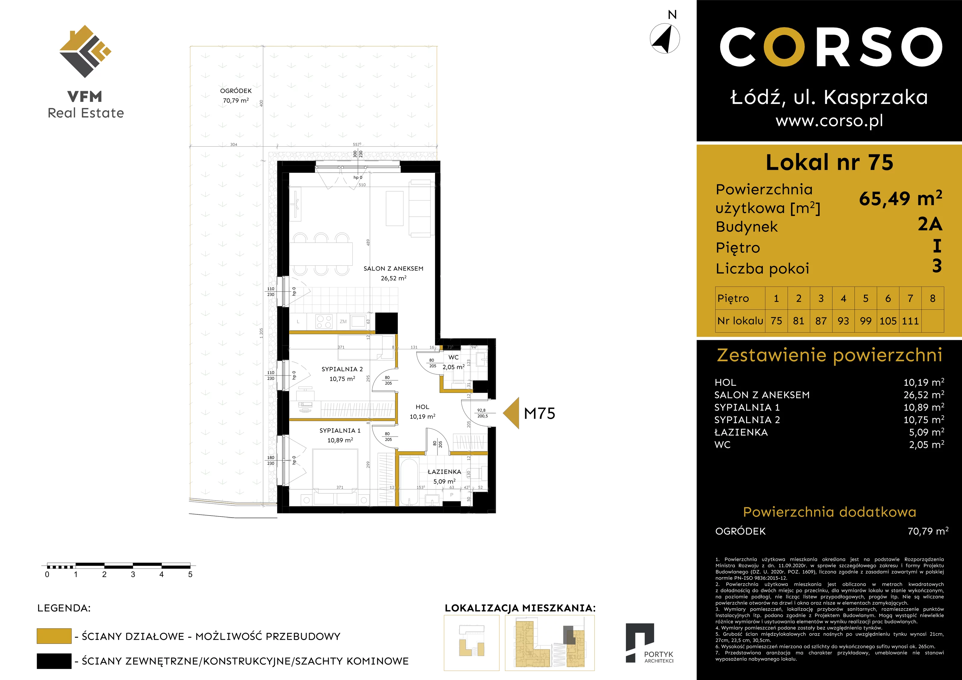 3 pokoje, mieszkanie 65,49 m², piętro 1, oferta nr 75, CORSO - etap 2A, Łódź, Polesie, Stare Polesie, ul. Kasprzaka 5