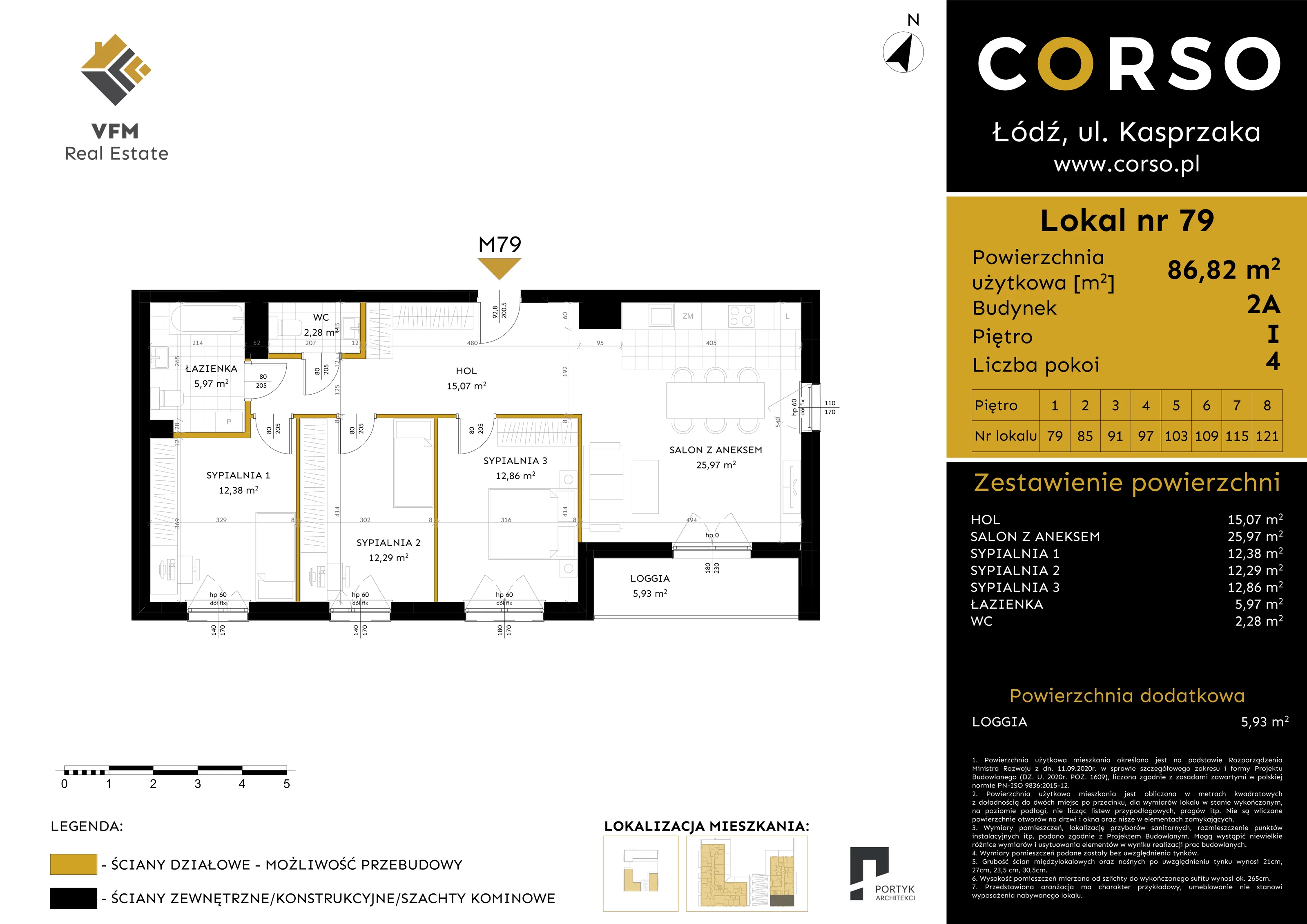 4 pokoje, mieszkanie 86,82 m², piętro 1, oferta nr 79, CORSO - etap 2A, Łódź, Polesie, Stare Polesie, ul. Kasprzaka 5