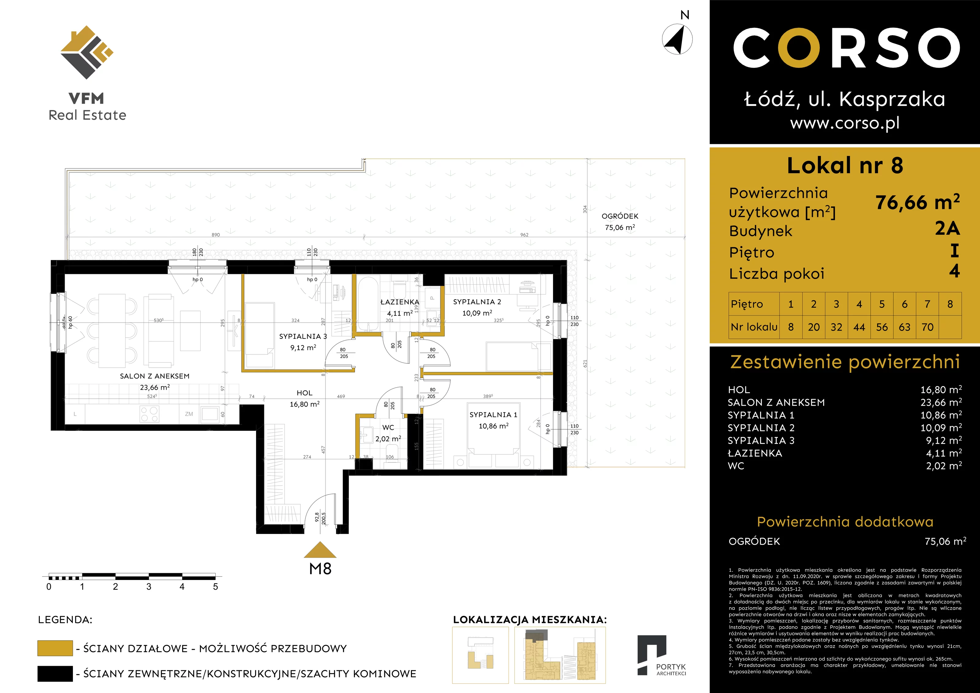 4 pokoje, mieszkanie 76,66 m², piętro 1, oferta nr 8, CORSO - etap 2A, Łódź, Polesie, Stare Polesie, ul. Kasprzaka 5