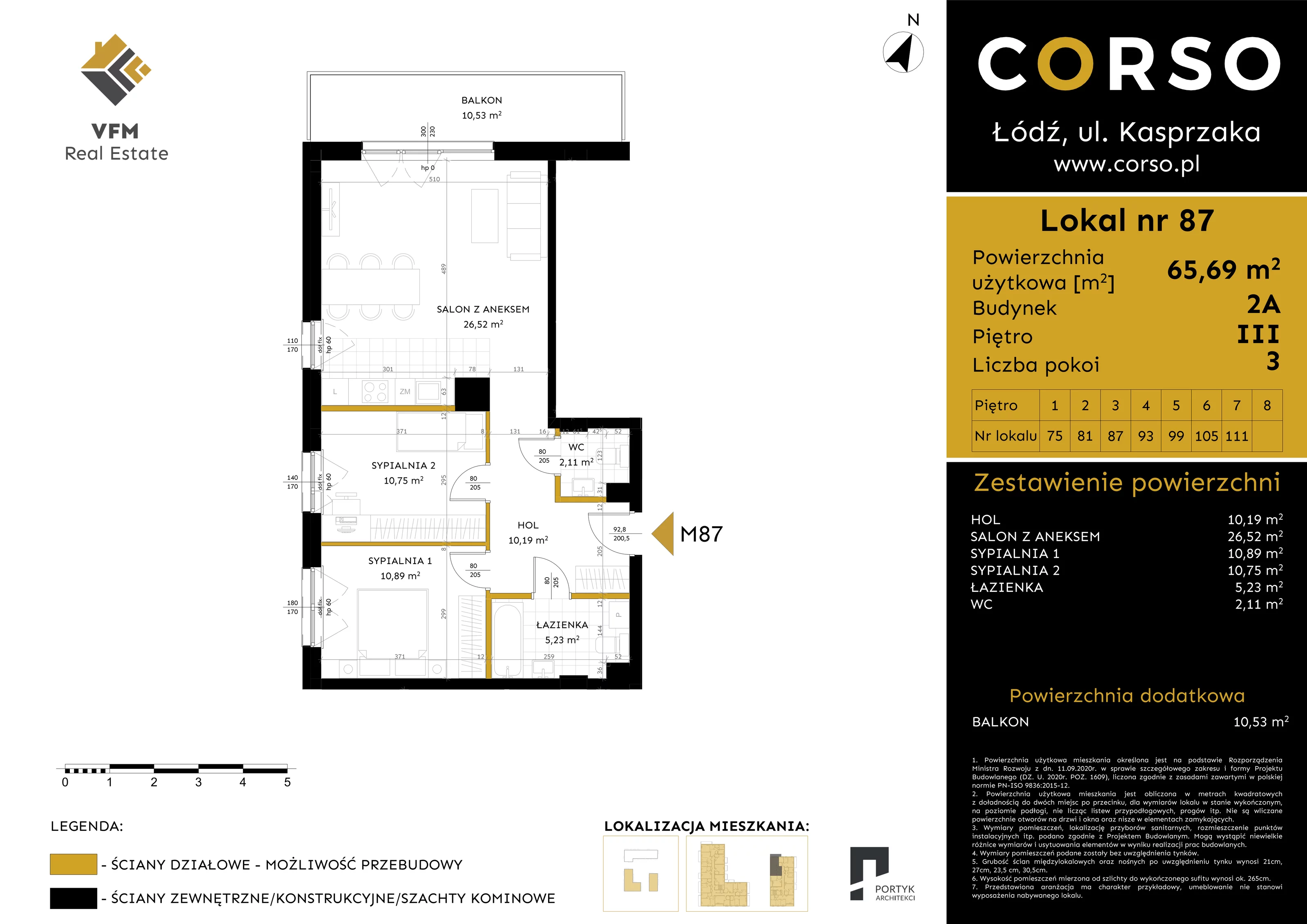 3 pokoje, mieszkanie 65,69 m², piętro 3, oferta nr 87, CORSO - etap 2A, Łódź, Polesie, Stare Polesie, ul. Kasprzaka 5