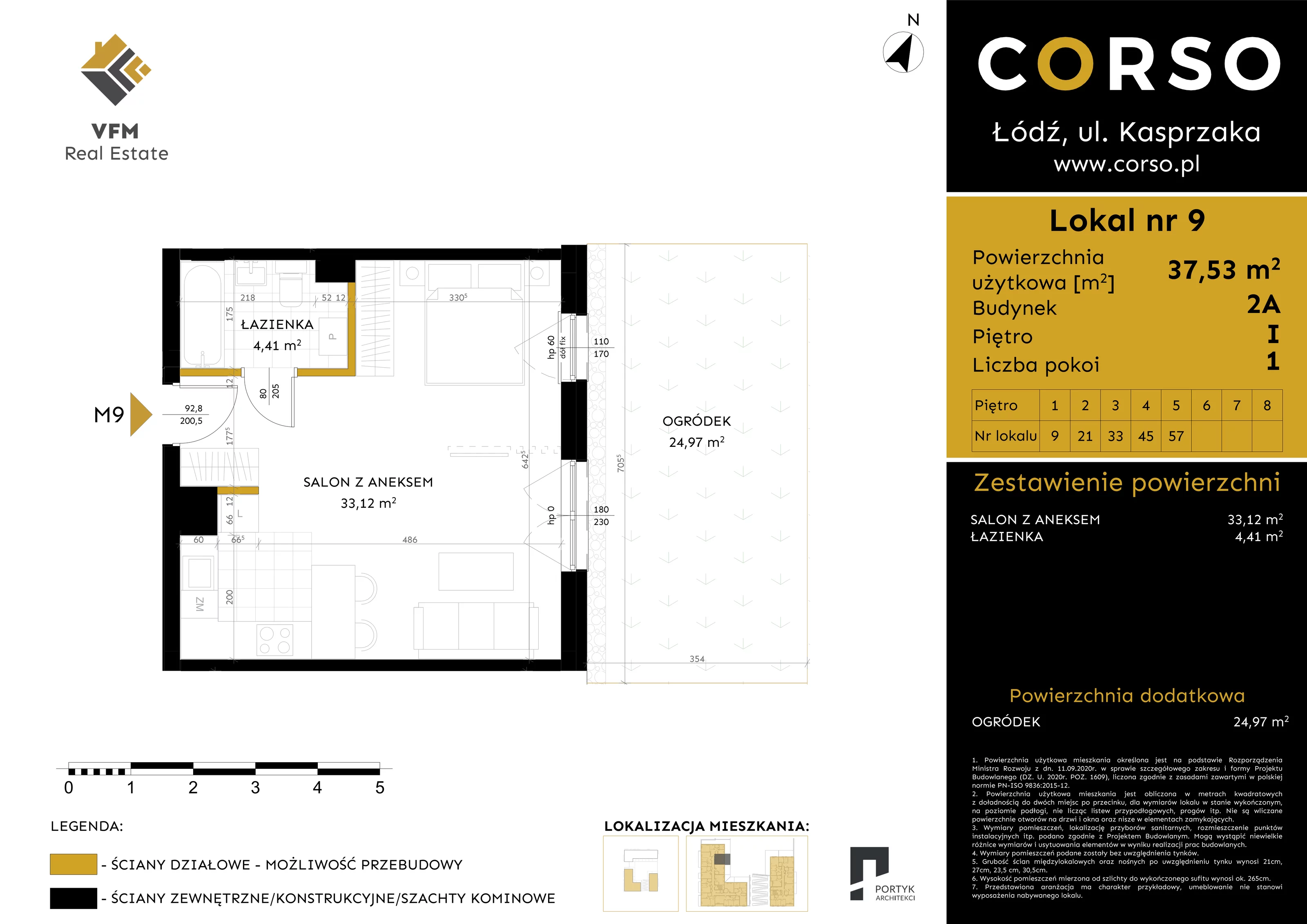 Mieszkanie 37,53 m², piętro 1, oferta nr 9, CORSO - etap 2A, Łódź, Polesie, Stare Polesie, ul. Kasprzaka 5