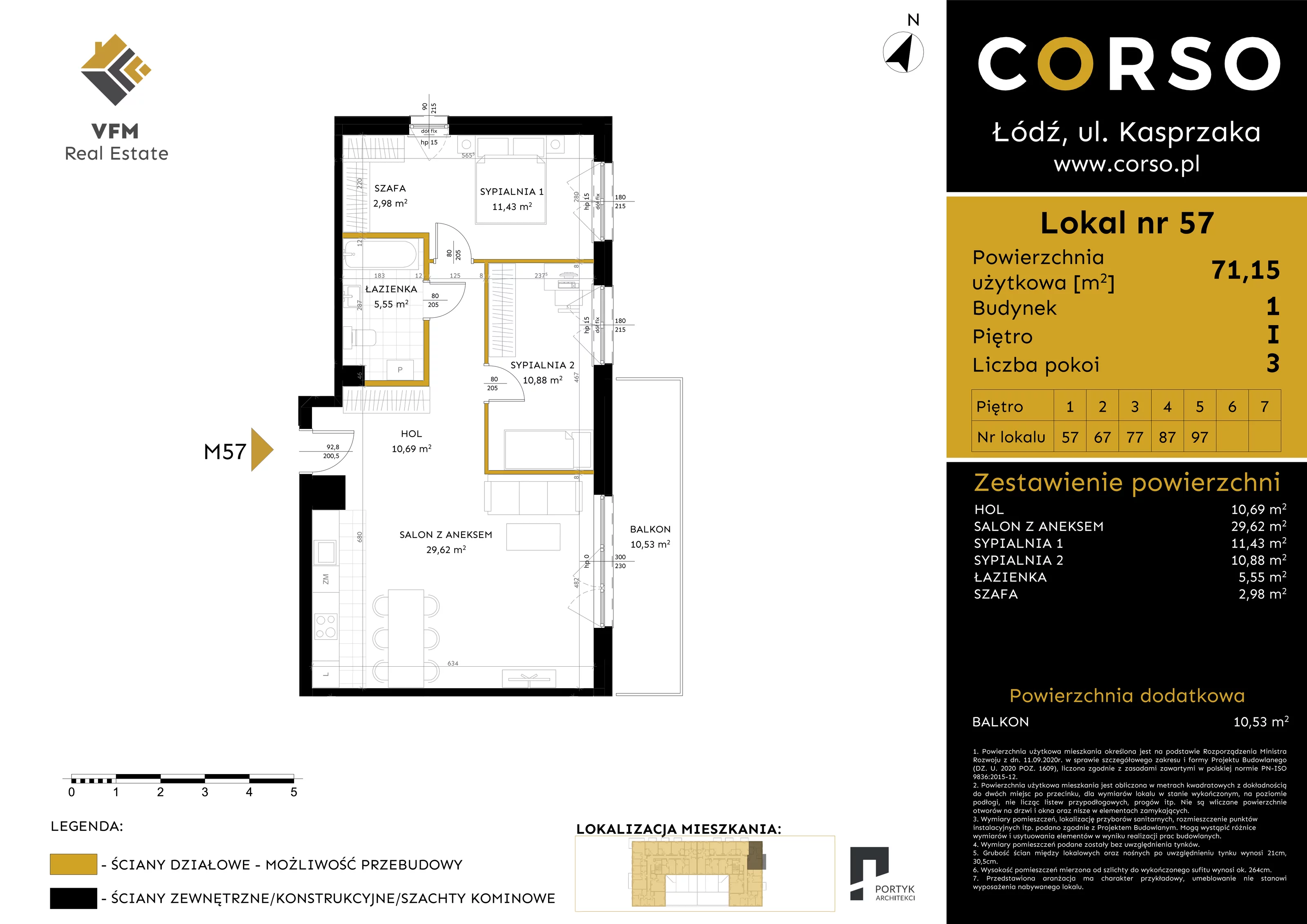 3 pokoje, mieszkanie 71,15 m², piętro 1, oferta nr 57, CORSO - etap I, Łódź, Polesie, Stare Polesie, ul. Kasprzaka 5