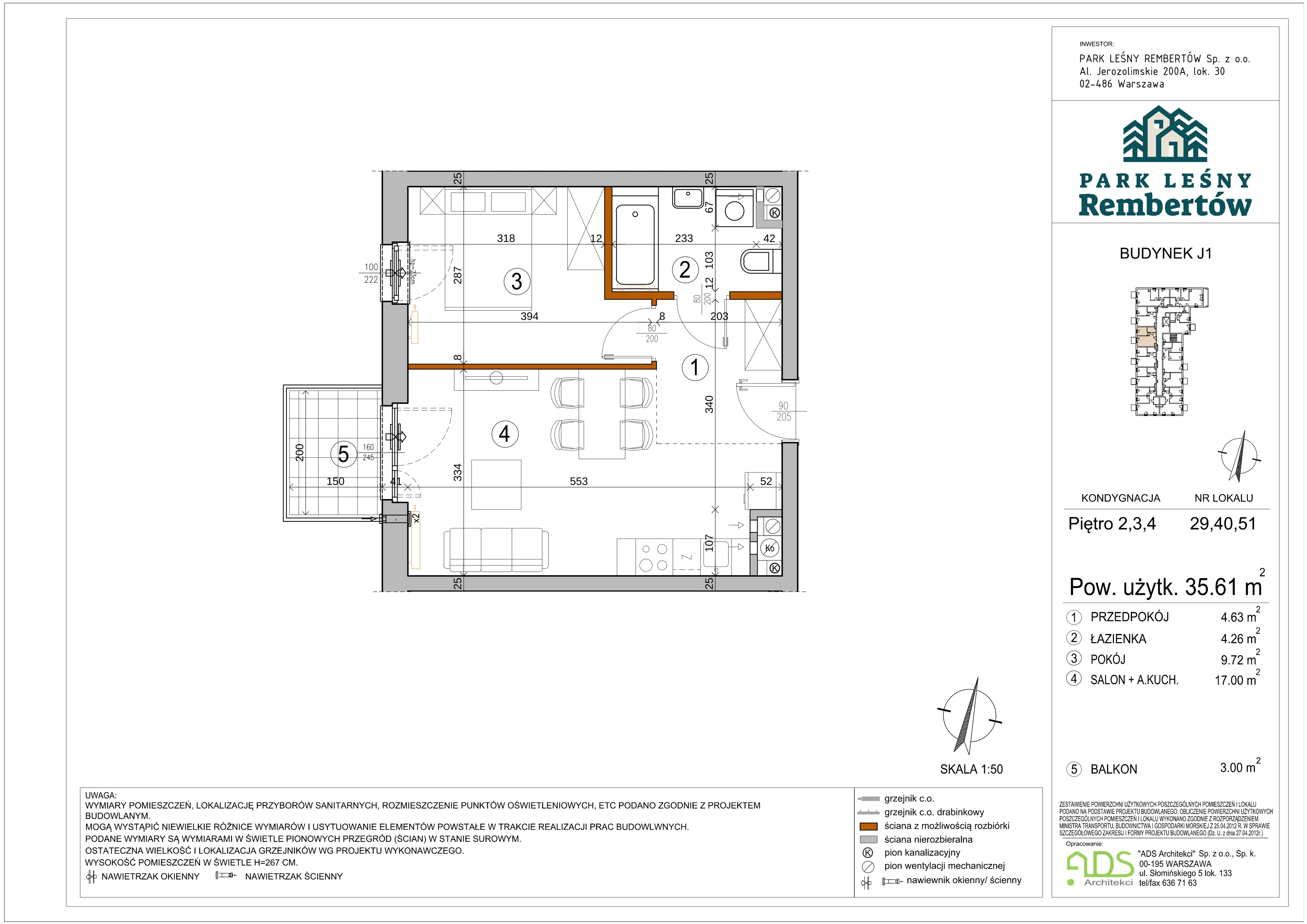 2 pokoje, mieszkanie 35,61 m², piętro 3, oferta nr J1-40, Park Leśny Rembertów - J1 J2, Warszawa, Rembertów, ul. Chełmżyńska