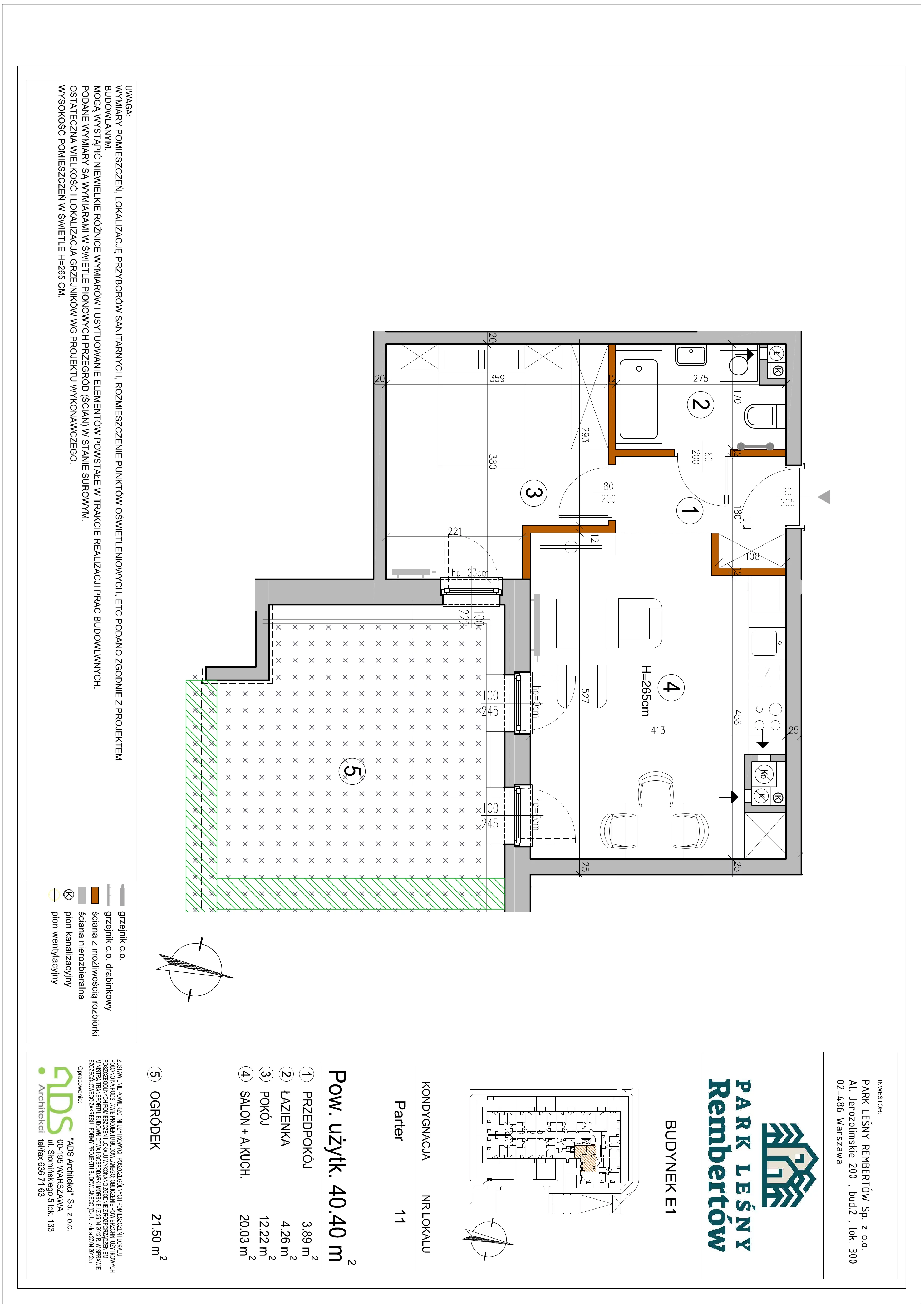 2 pokoje, mieszkanie 40,25 m², parter, oferta nr E1-11, Park Leśny Rembertów, Warszawa, Rembertów, ul. Chełmżyńska