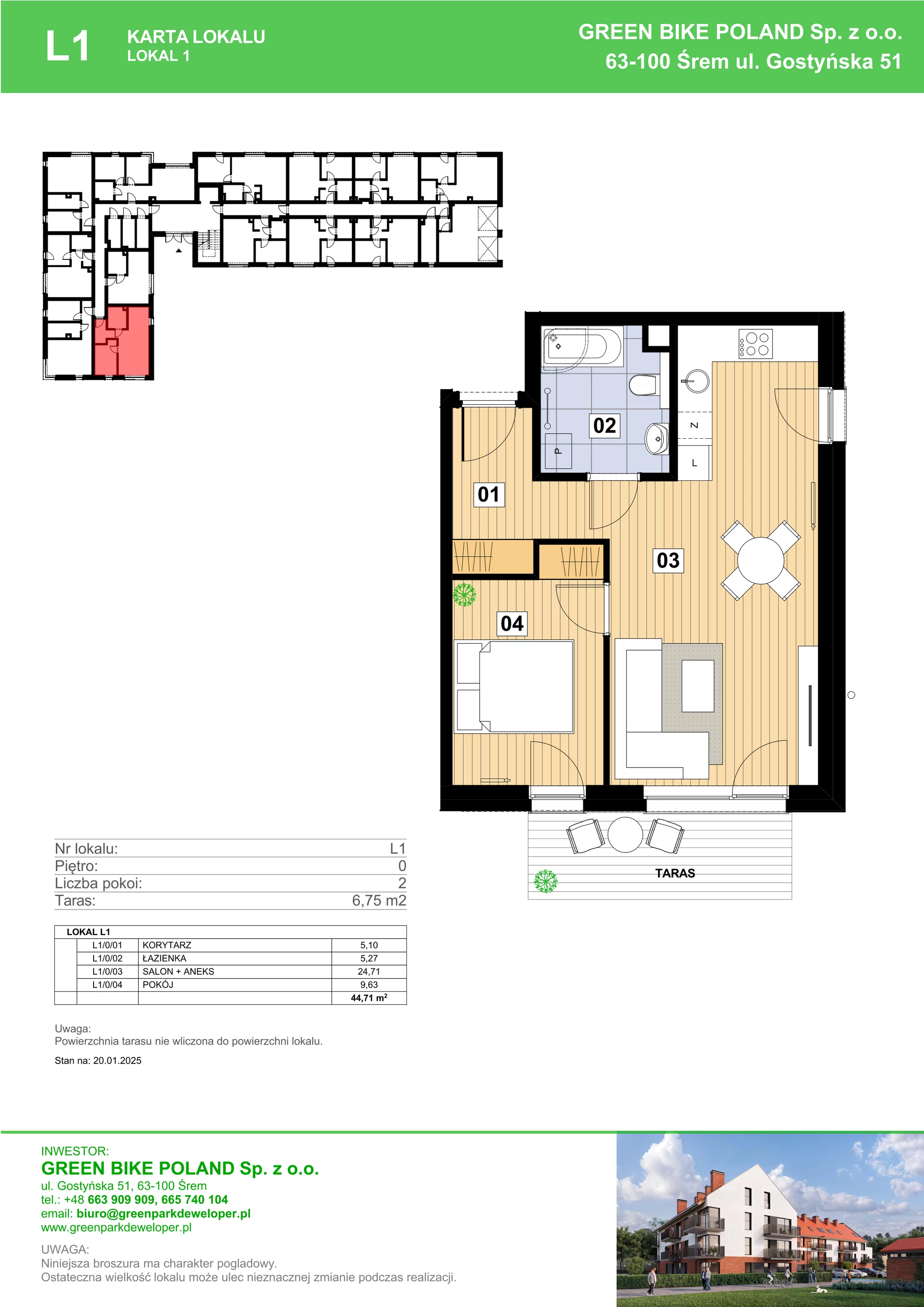 2 pokoje, mieszkanie 44,71 m², parter, oferta nr L01, Mickiewicza 21 Residence, Śrem, ul. Mickiewicza 21
