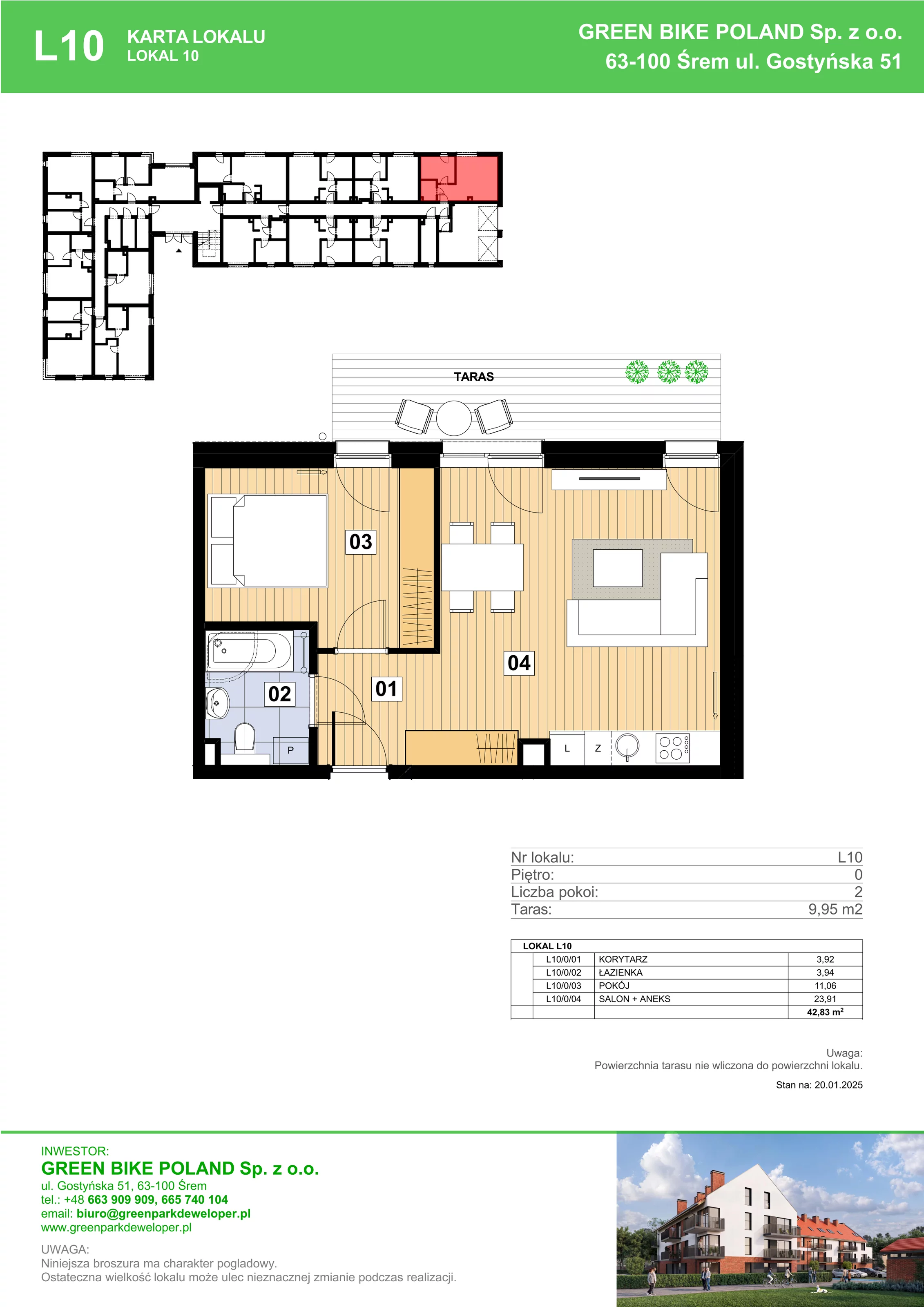 2 pokoje, mieszkanie 42,83 m², parter, oferta nr L10, Mickiewicza 21 Residence, Śrem, ul. Mickiewicza 21