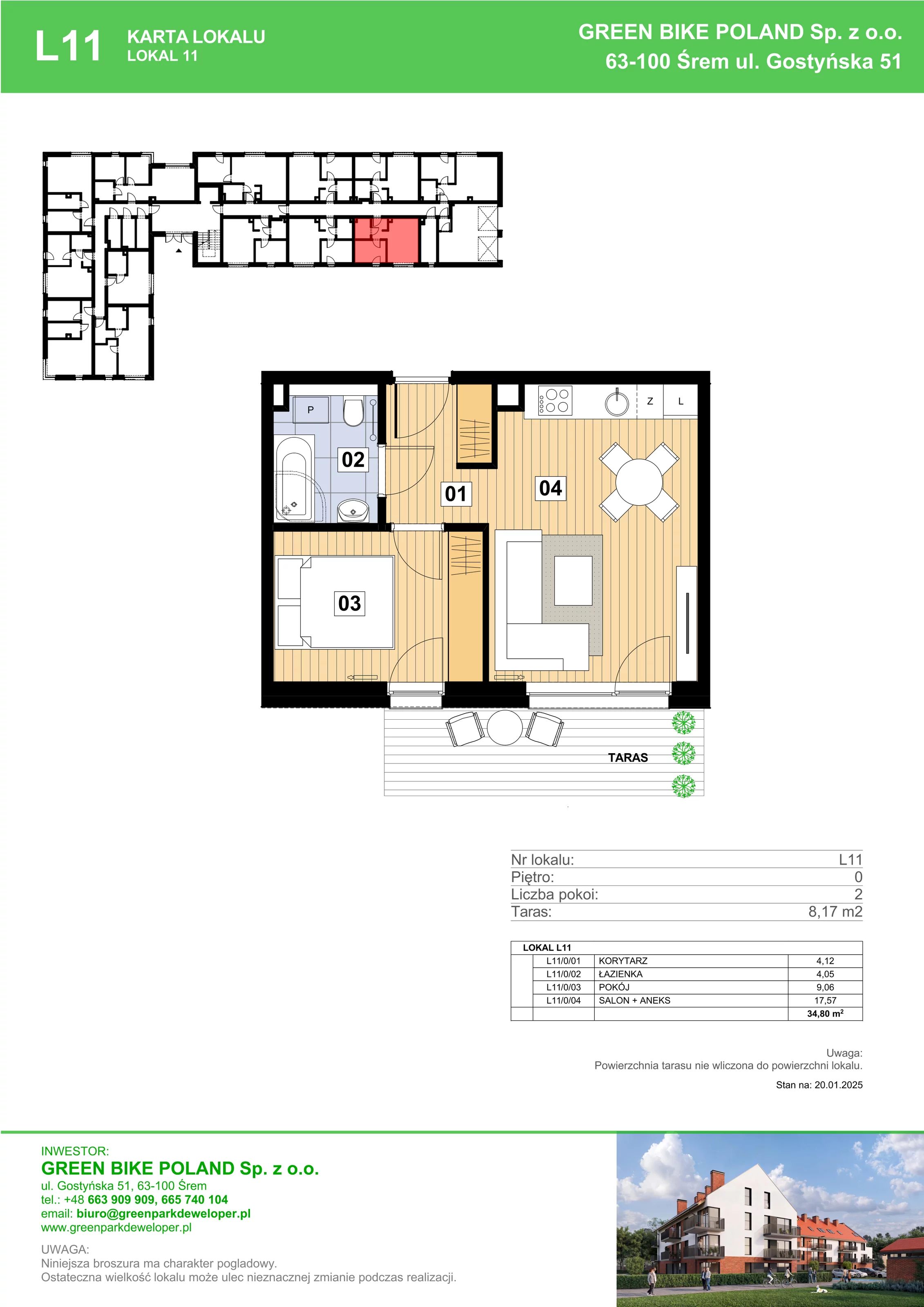 2 pokoje, mieszkanie 34,80 m², parter, oferta nr L11, Mickiewicza 21 Residence, Śrem, ul. Mickiewicza 21