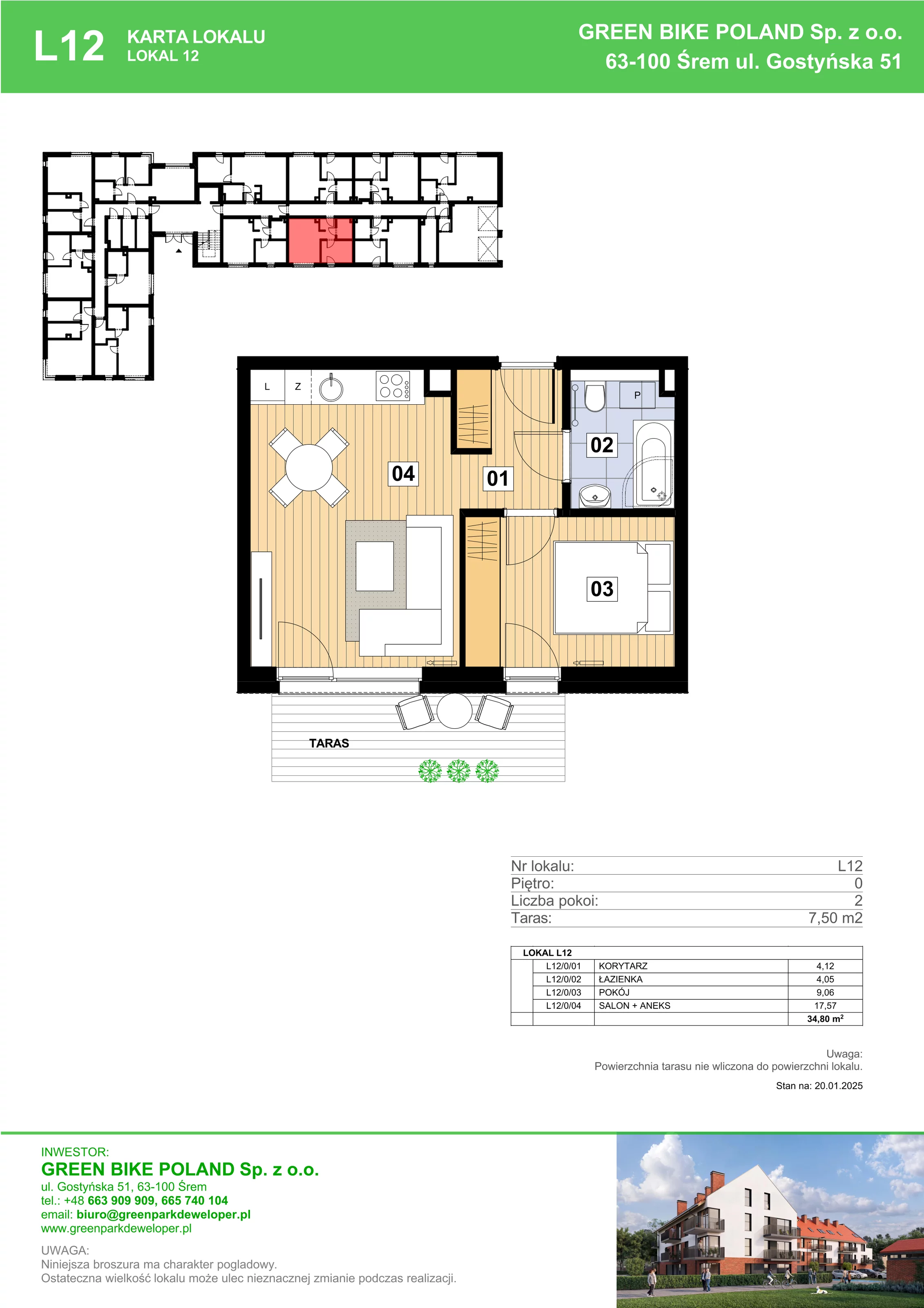 2 pokoje, mieszkanie 34,80 m², parter, oferta nr L12, Mickiewicza 21 Residence, Śrem, ul. Mickiewicza 21