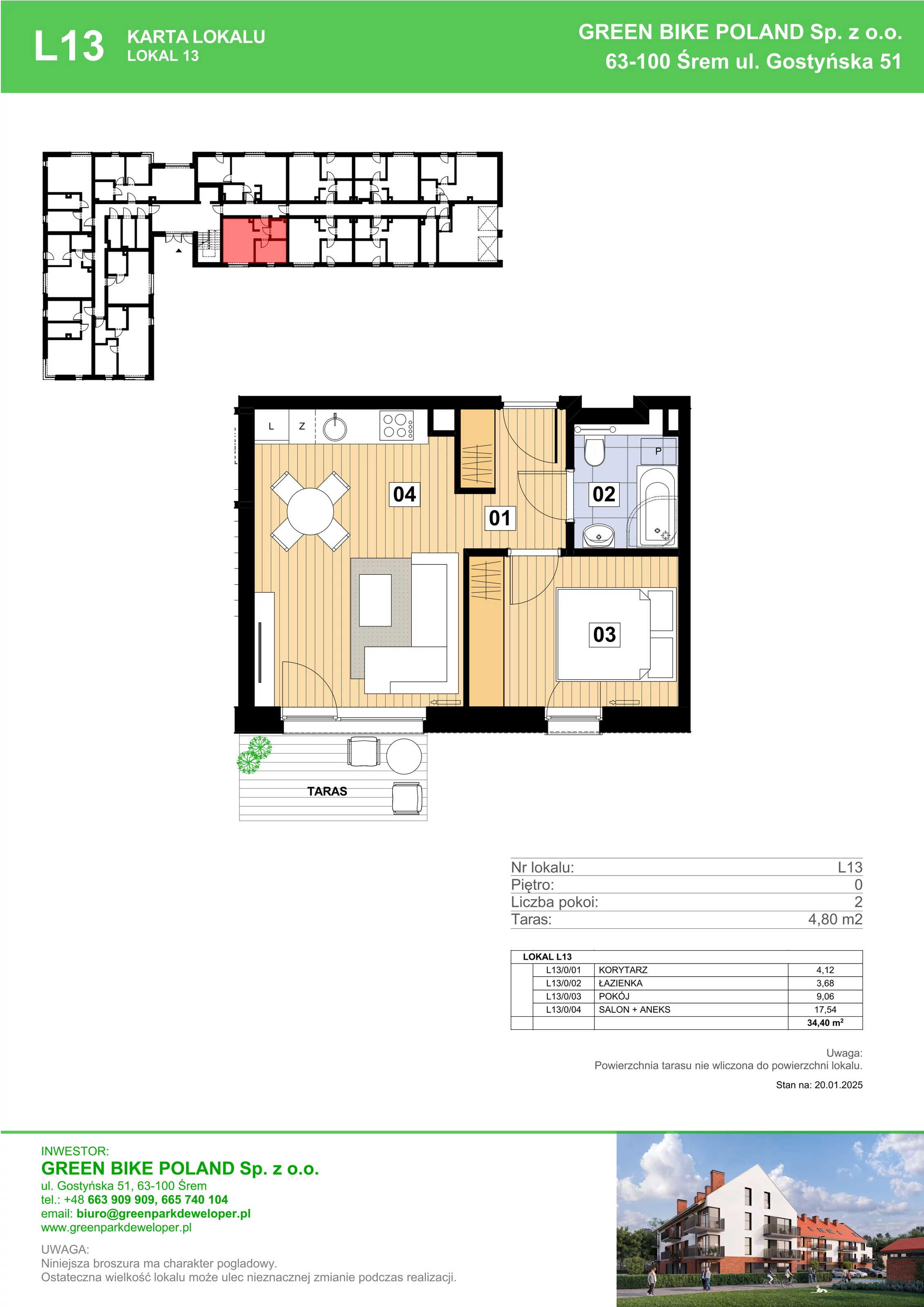 2 pokoje, mieszkanie 34,40 m², parter, oferta nr L13, Mickiewicza 21 Residence, Śrem, ul. Mickiewicza 21