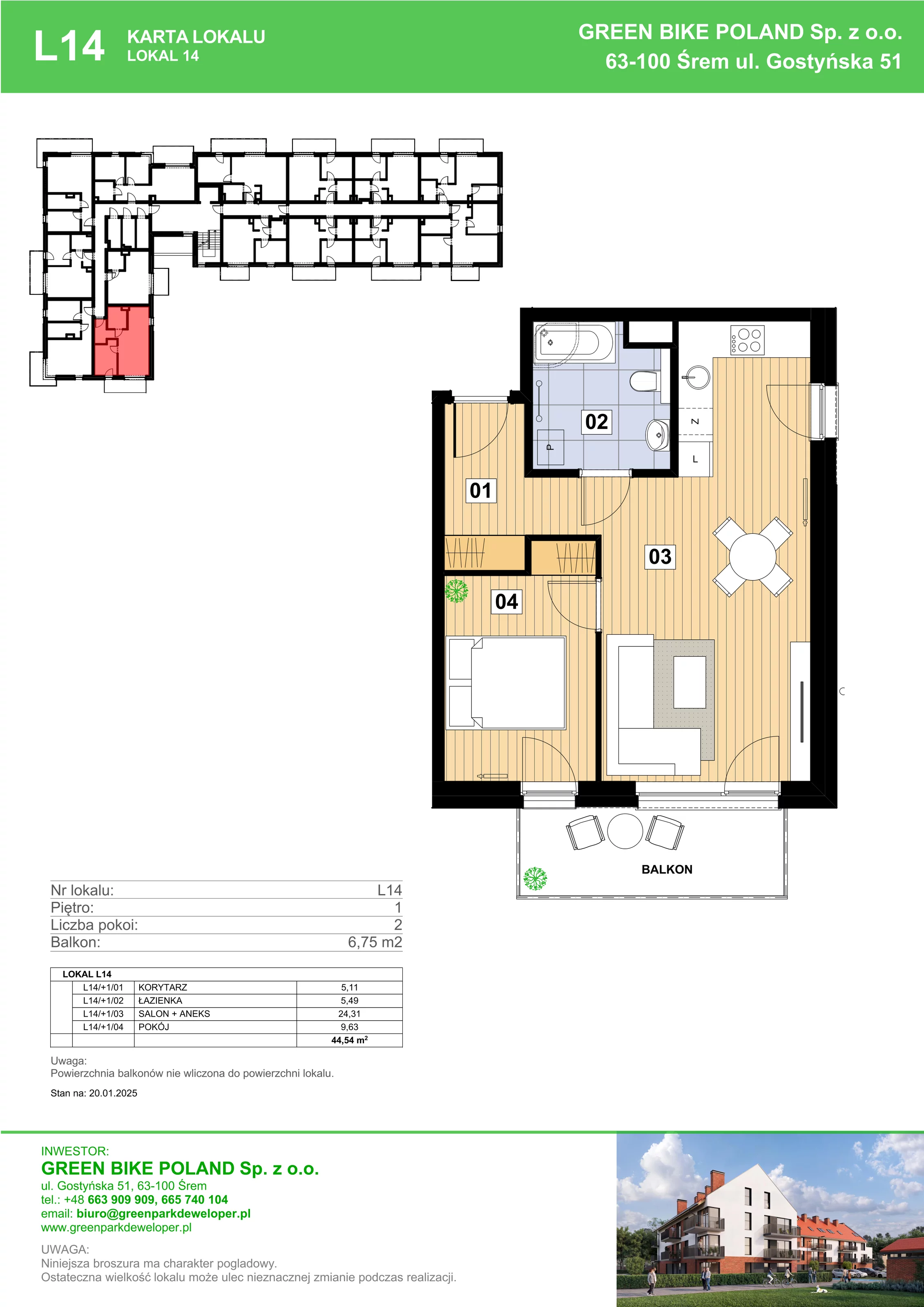 2 pokoje, mieszkanie 44,54 m², piętro 1, oferta nr L14, Mickiewicza 21 Residence, Śrem, ul. Mickiewicza 21