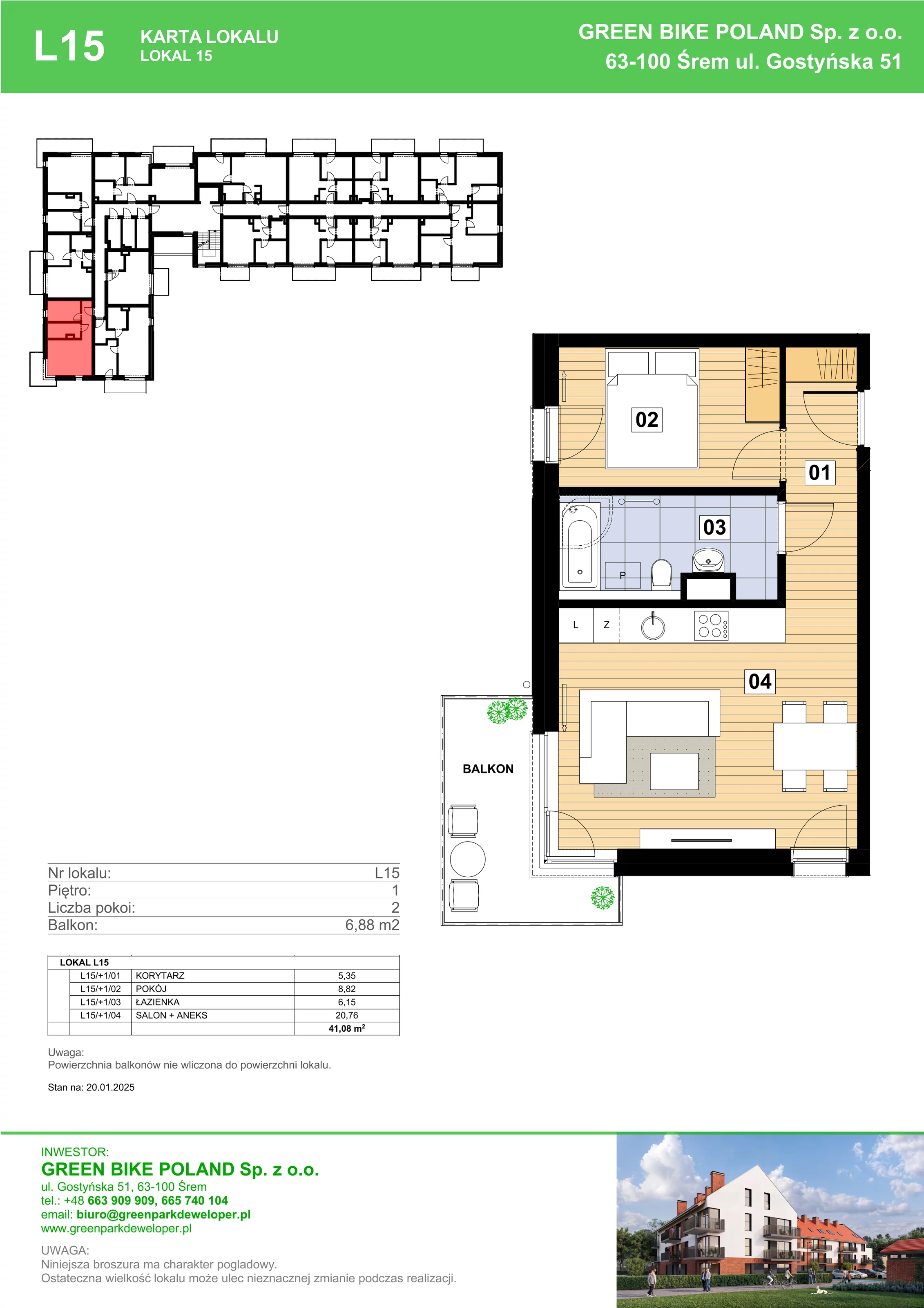 2 pokoje, mieszkanie 41,08 m², piętro 1, oferta nr L15, Mickiewicza 21 Residence, Śrem, ul. Mickiewicza 21