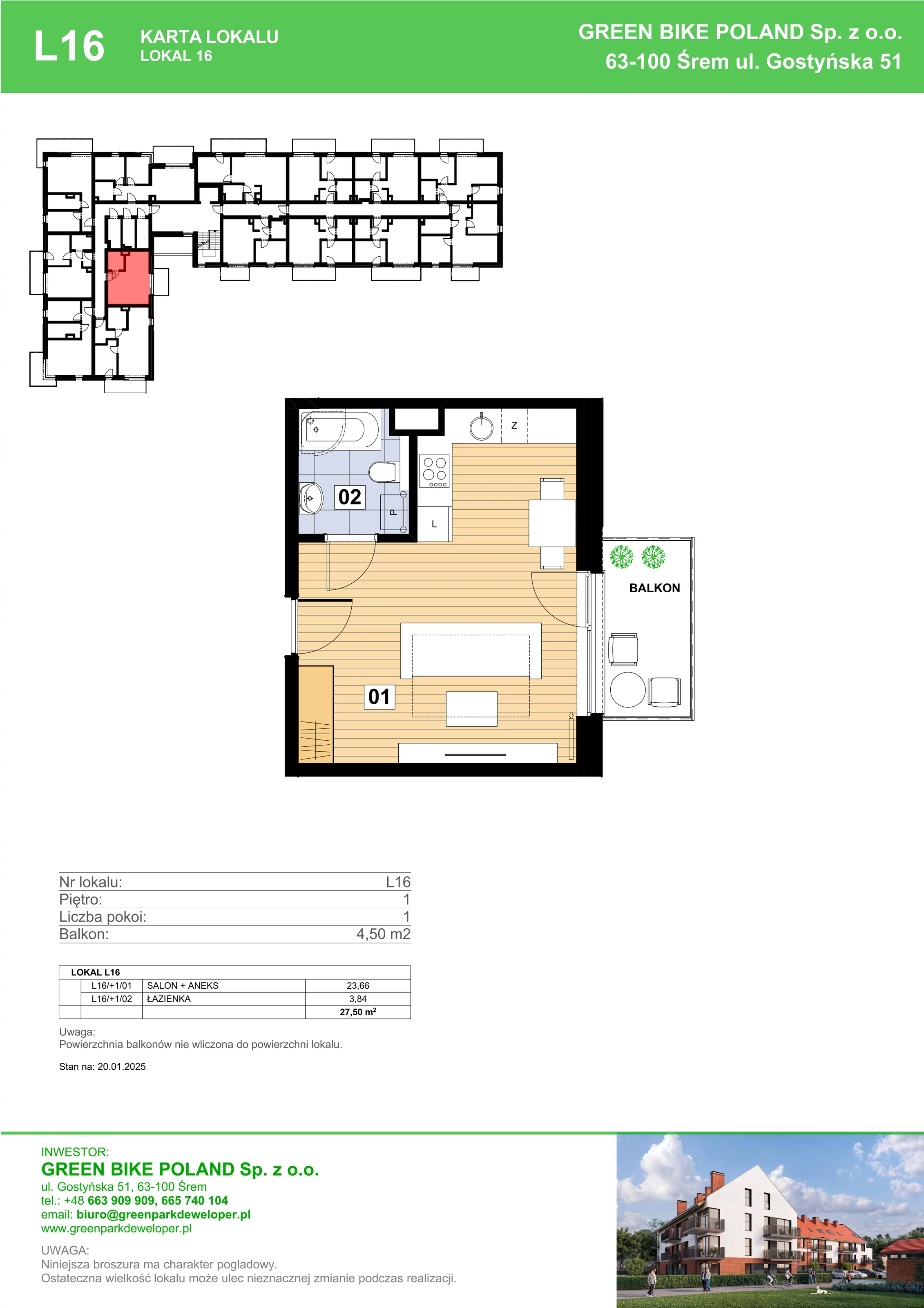 1 pokój, mieszkanie 27,50 m², piętro 1, oferta nr L16, Mickiewicza 21 Residence, Śrem, ul. Mickiewicza 21