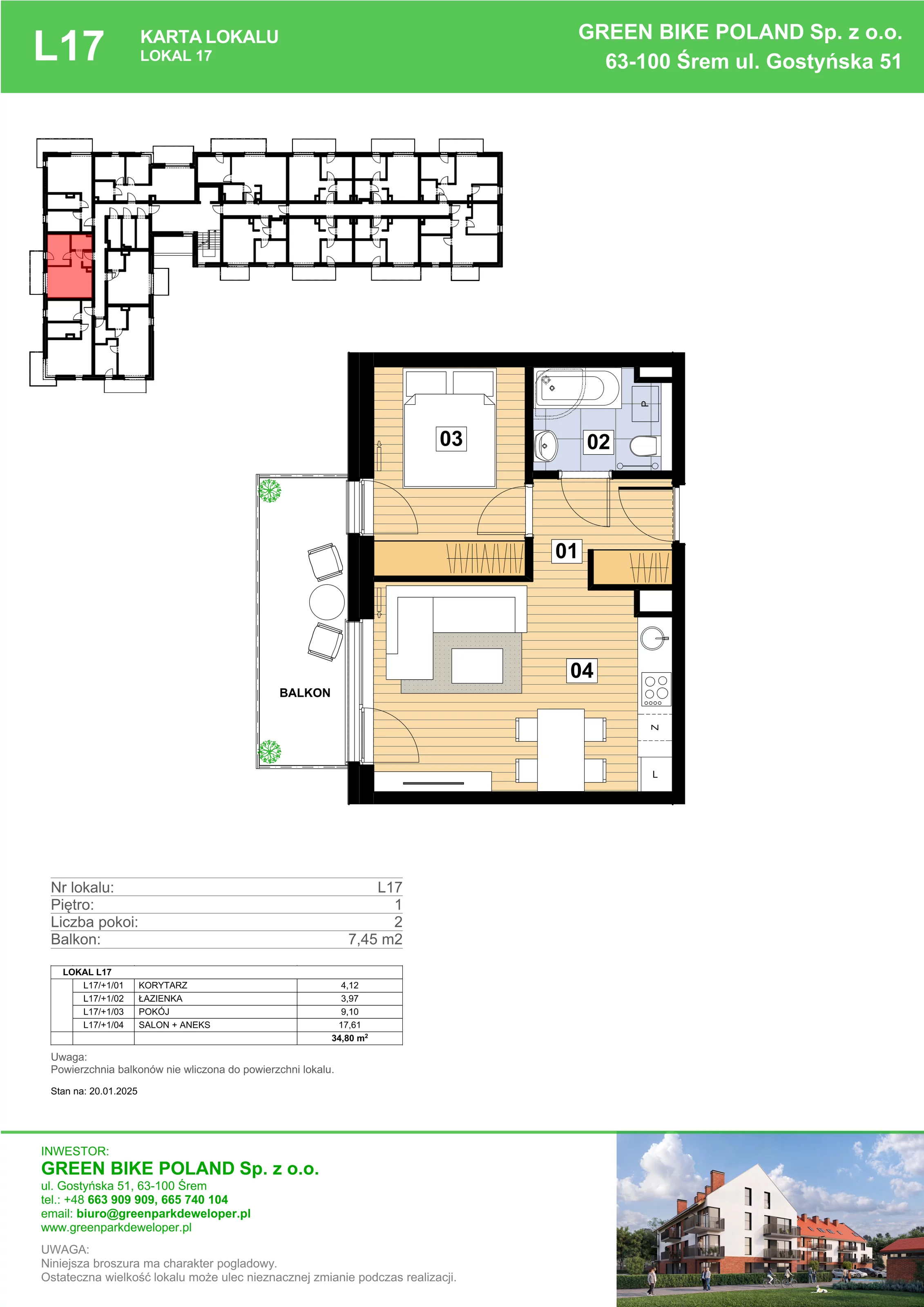 2 pokoje, mieszkanie 34,80 m², piętro 1, oferta nr L17, Mickiewicza 21 Residence, Śrem, ul. Mickiewicza 21