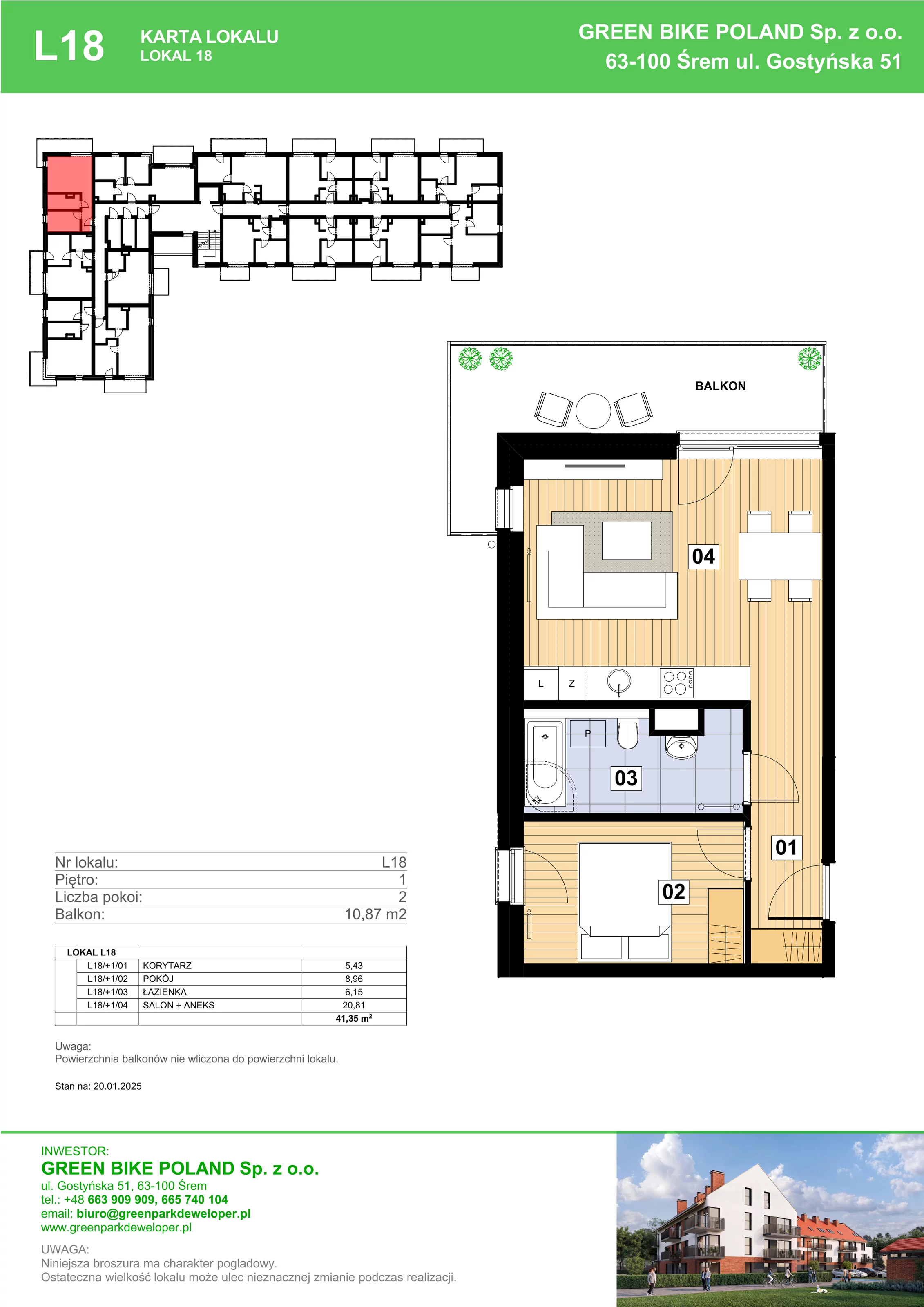 2 pokoje, mieszkanie 41,35 m², piętro 1, oferta nr L18, Mickiewicza 21 Residence, Śrem, ul. Mickiewicza 21
