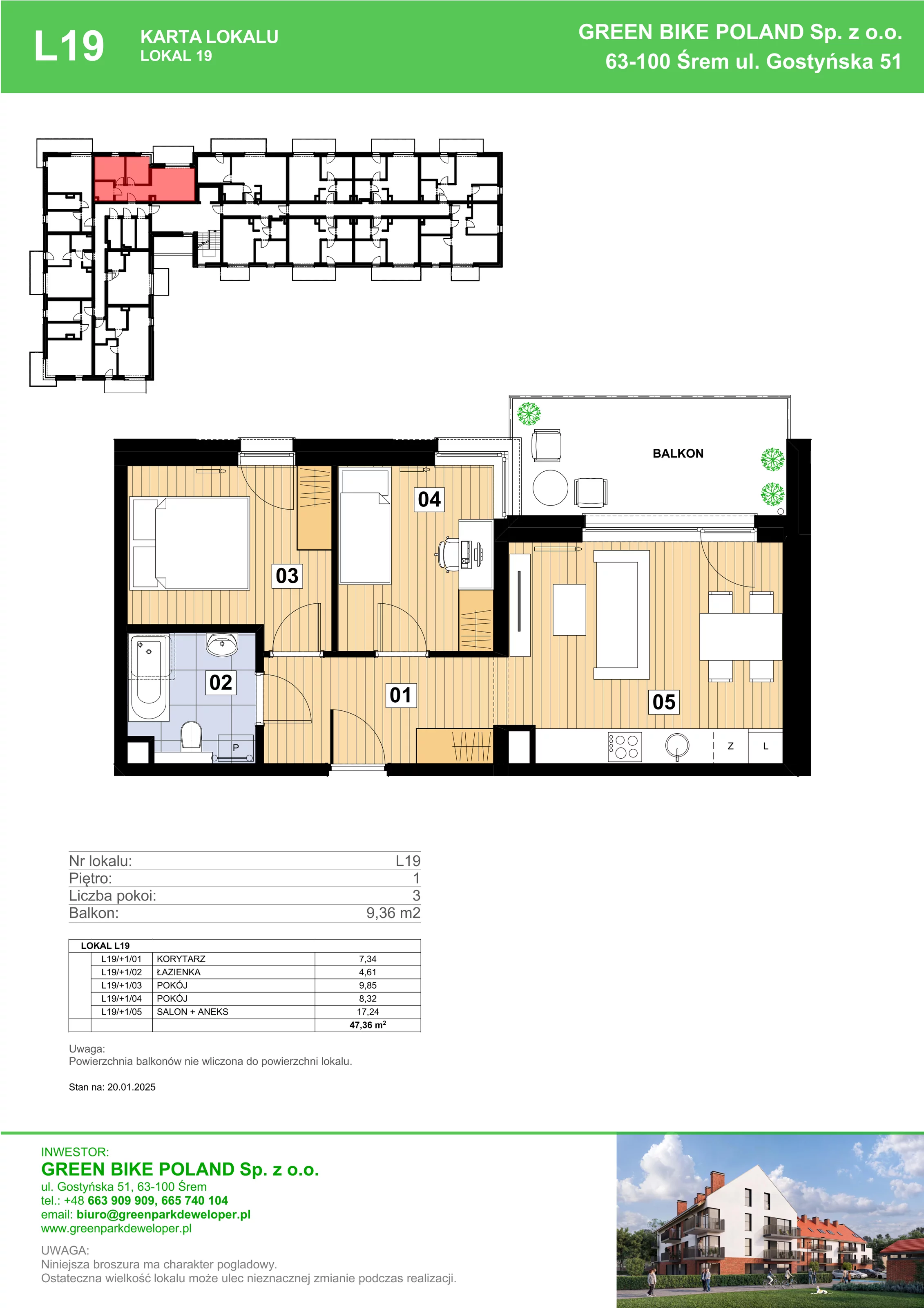 3 pokoje, mieszkanie 47,36 m², piętro 1, oferta nr L19, Mickiewicza 21 Residence, Śrem, ul. Mickiewicza 21