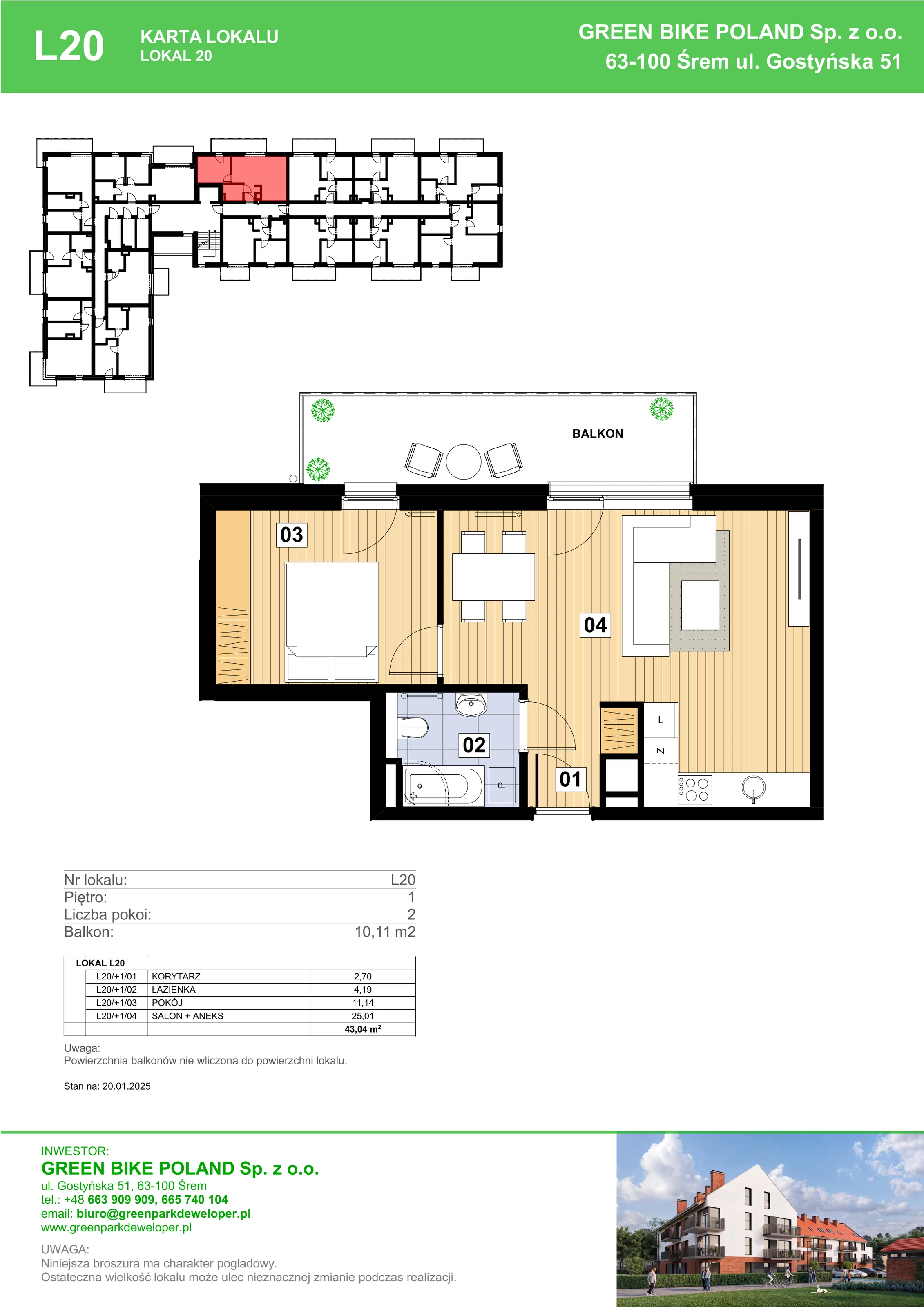 2 pokoje, mieszkanie 43,04 m², piętro 1, oferta nr L20, Mickiewicza 21 Residence, Śrem, ul. Mickiewicza 21