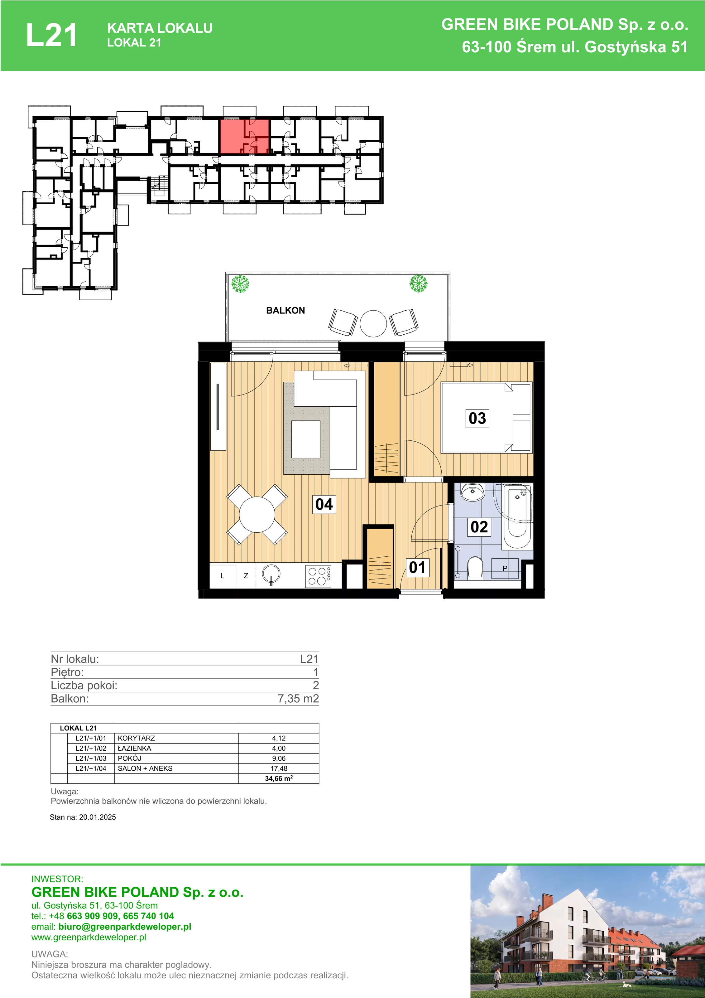 2 pokoje, mieszkanie 34,66 m², piętro 1, oferta nr L21, Mickiewicza 21 Residence, Śrem, ul. Mickiewicza 21