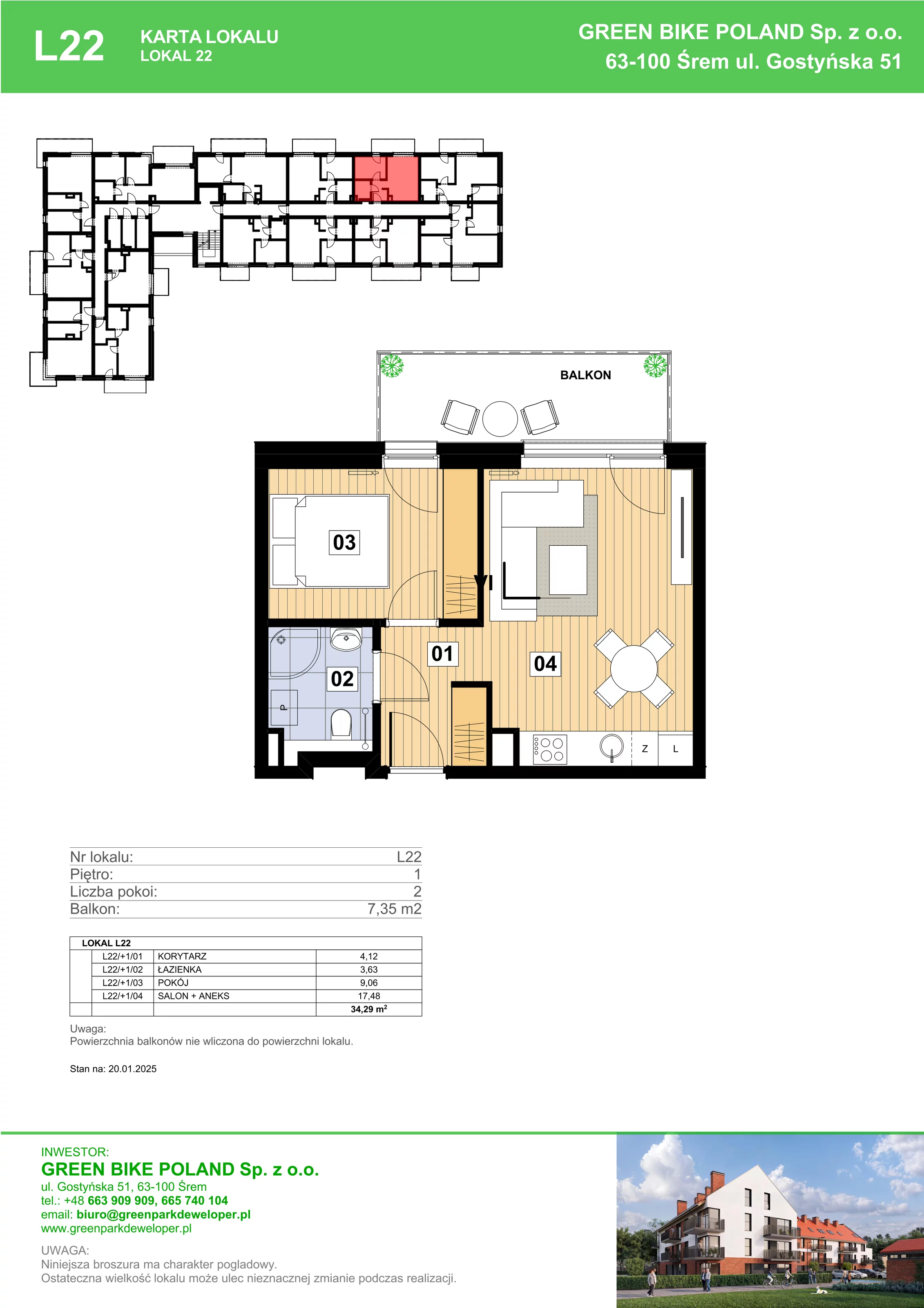 2 pokoje, mieszkanie 34,29 m², piętro 1, oferta nr L22, Mickiewicza 21 Residence, Śrem, ul. Mickiewicza 21
