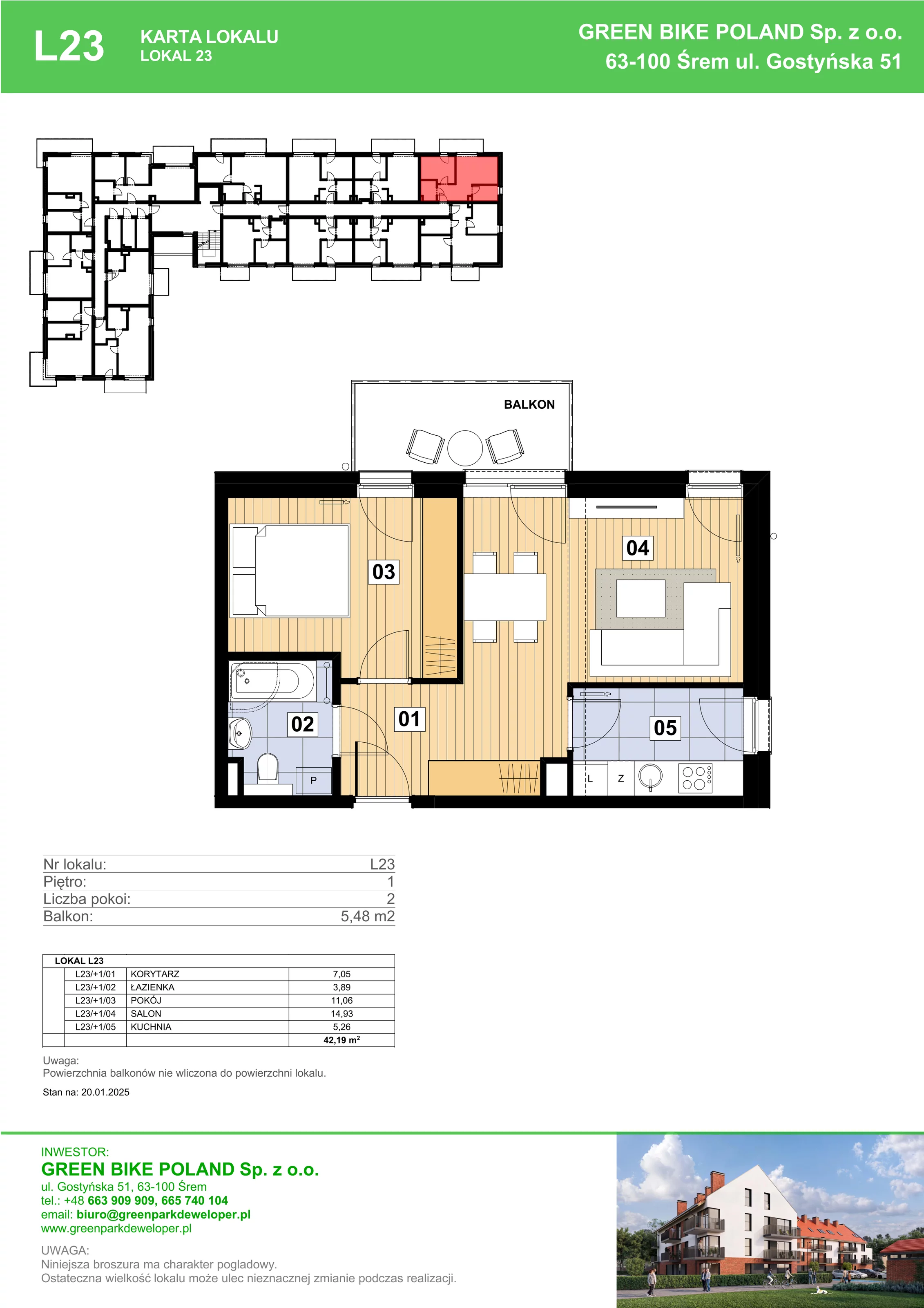 2 pokoje, mieszkanie 42,19 m², piętro 1, oferta nr L23, Mickiewicza 21 Residence, Śrem, ul. Mickiewicza 21
