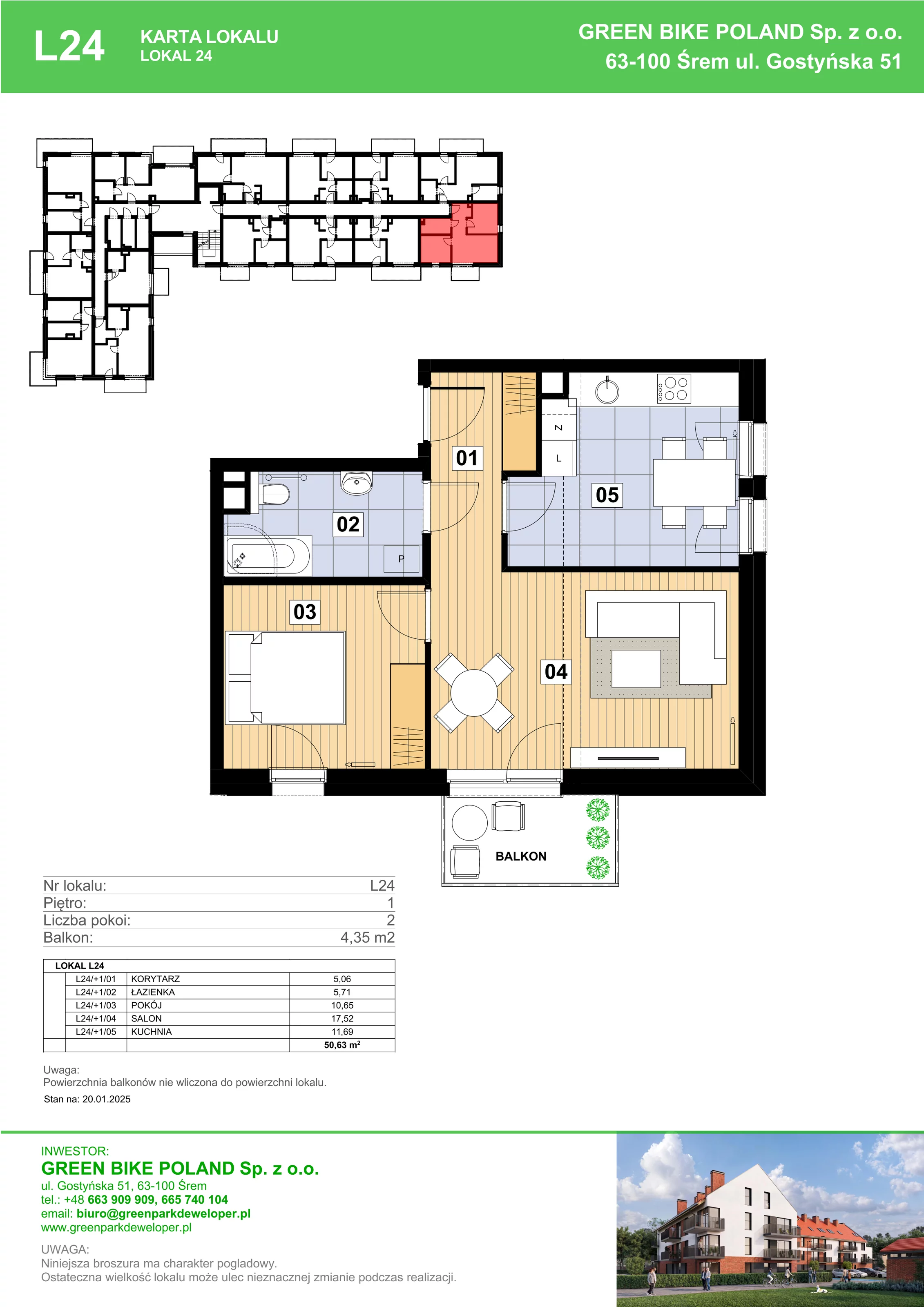 2 pokoje, mieszkanie 50,63 m², piętro 1, oferta nr L24, Mickiewicza 21 Residence, Śrem, ul. Mickiewicza 21