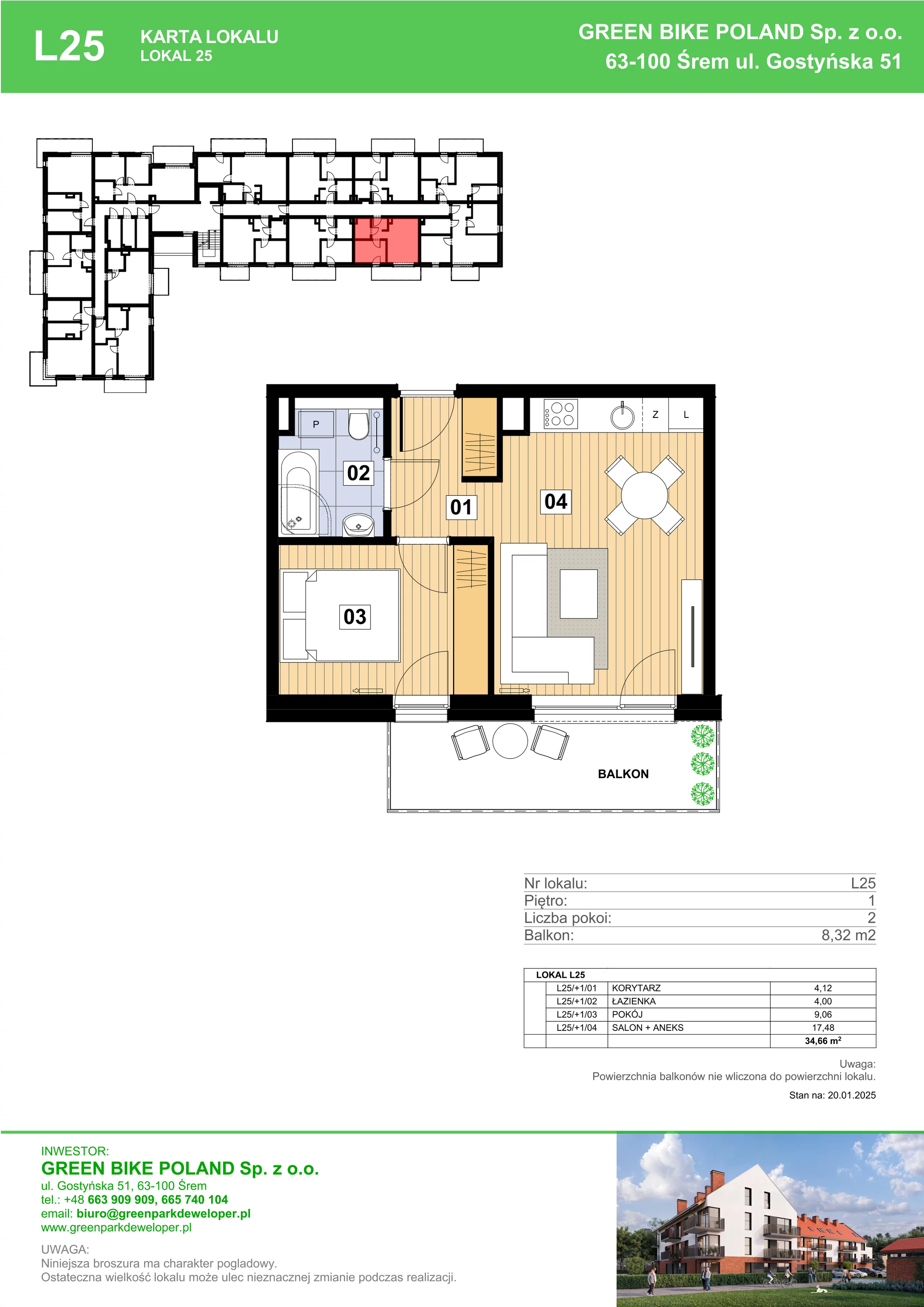 2 pokoje, mieszkanie 34,66 m², piętro 1, oferta nr L25, Mickiewicza 21 Residence, Śrem, ul. Mickiewicza 21