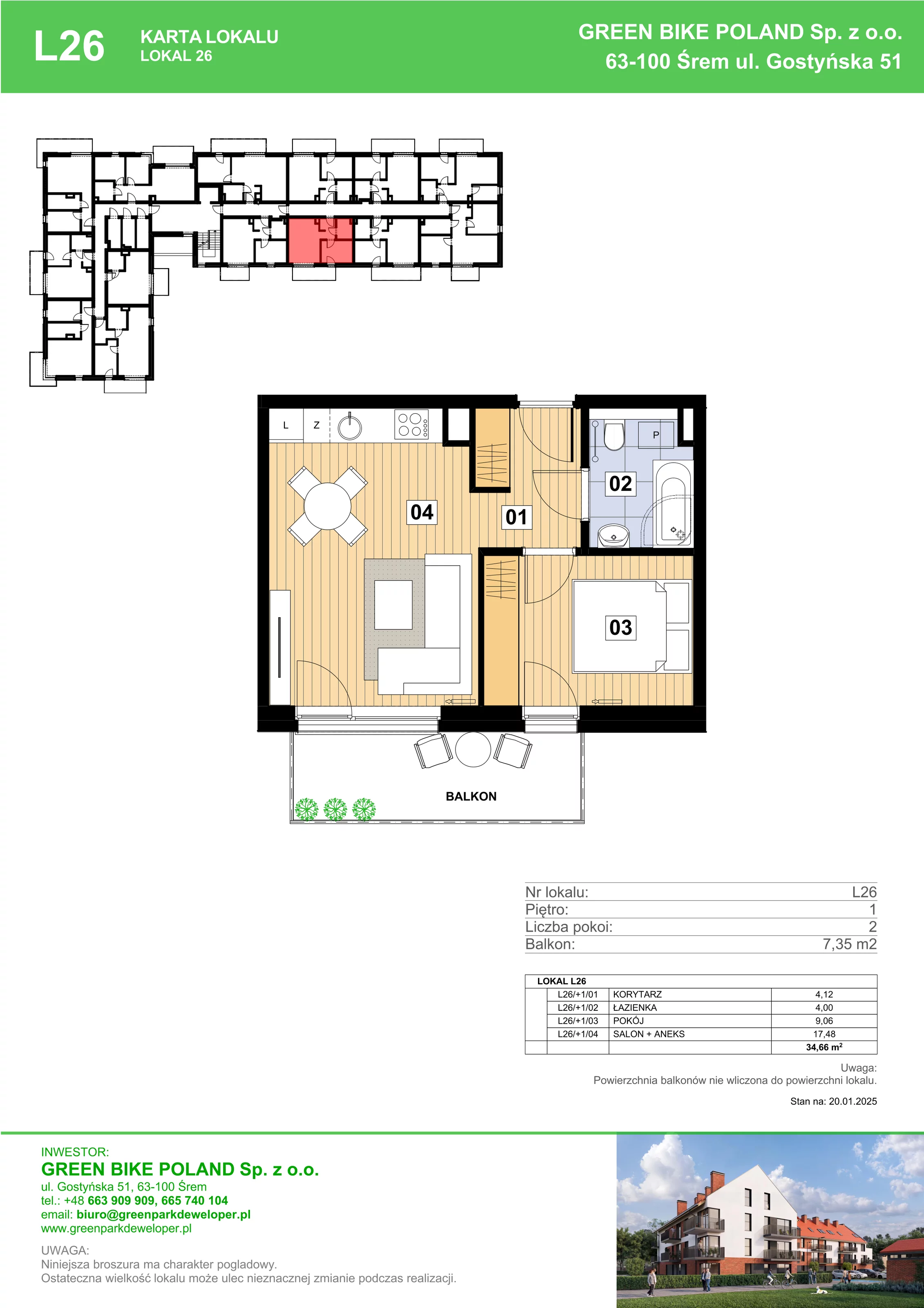 2 pokoje, mieszkanie 34,66 m², piętro 1, oferta nr L26, Mickiewicza 21 Residence, Śrem, ul. Mickiewicza 21