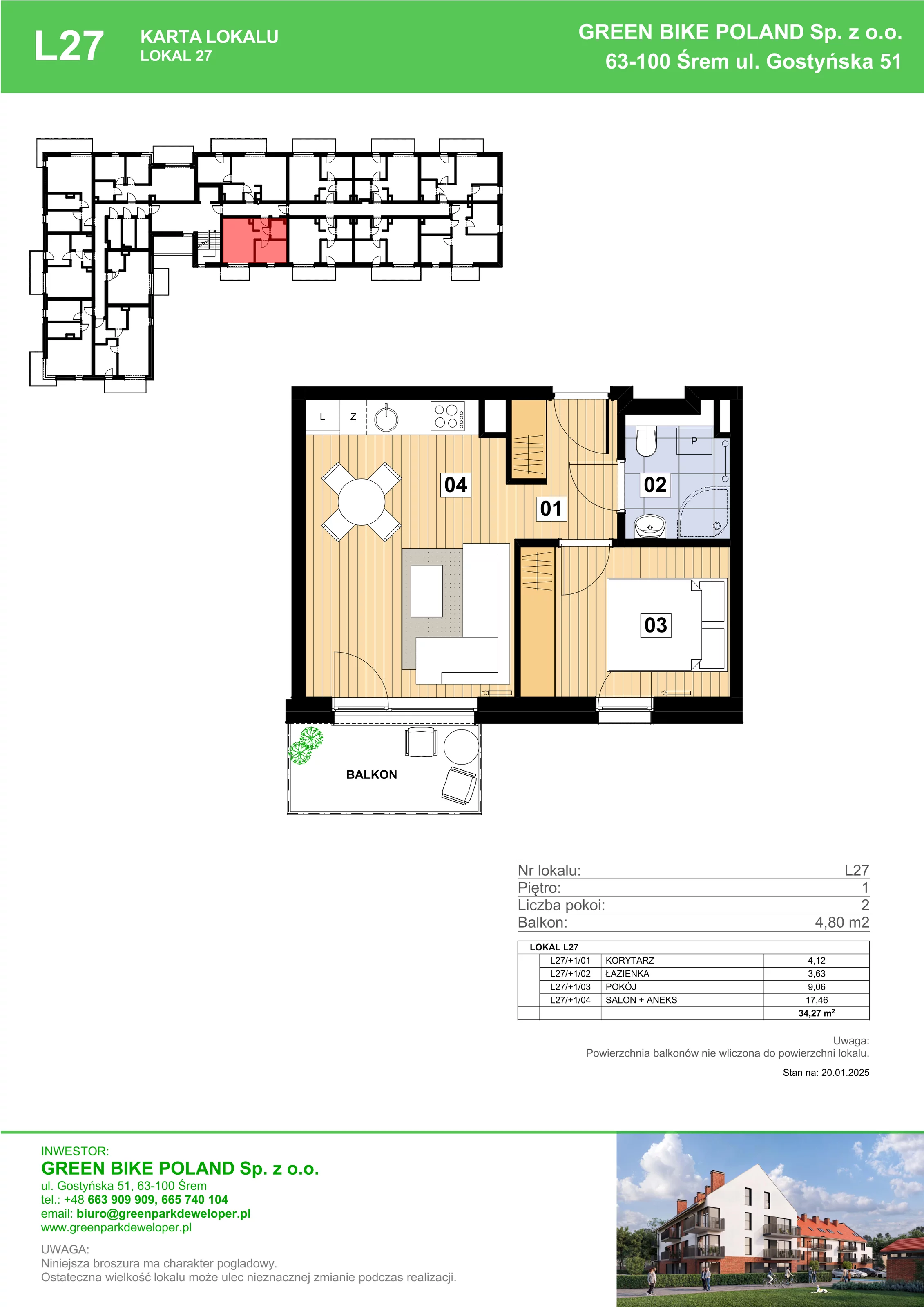 2 pokoje, mieszkanie 34,27 m², piętro 1, oferta nr L27, Mickiewicza 21 Residence, Śrem, ul. Mickiewicza 21