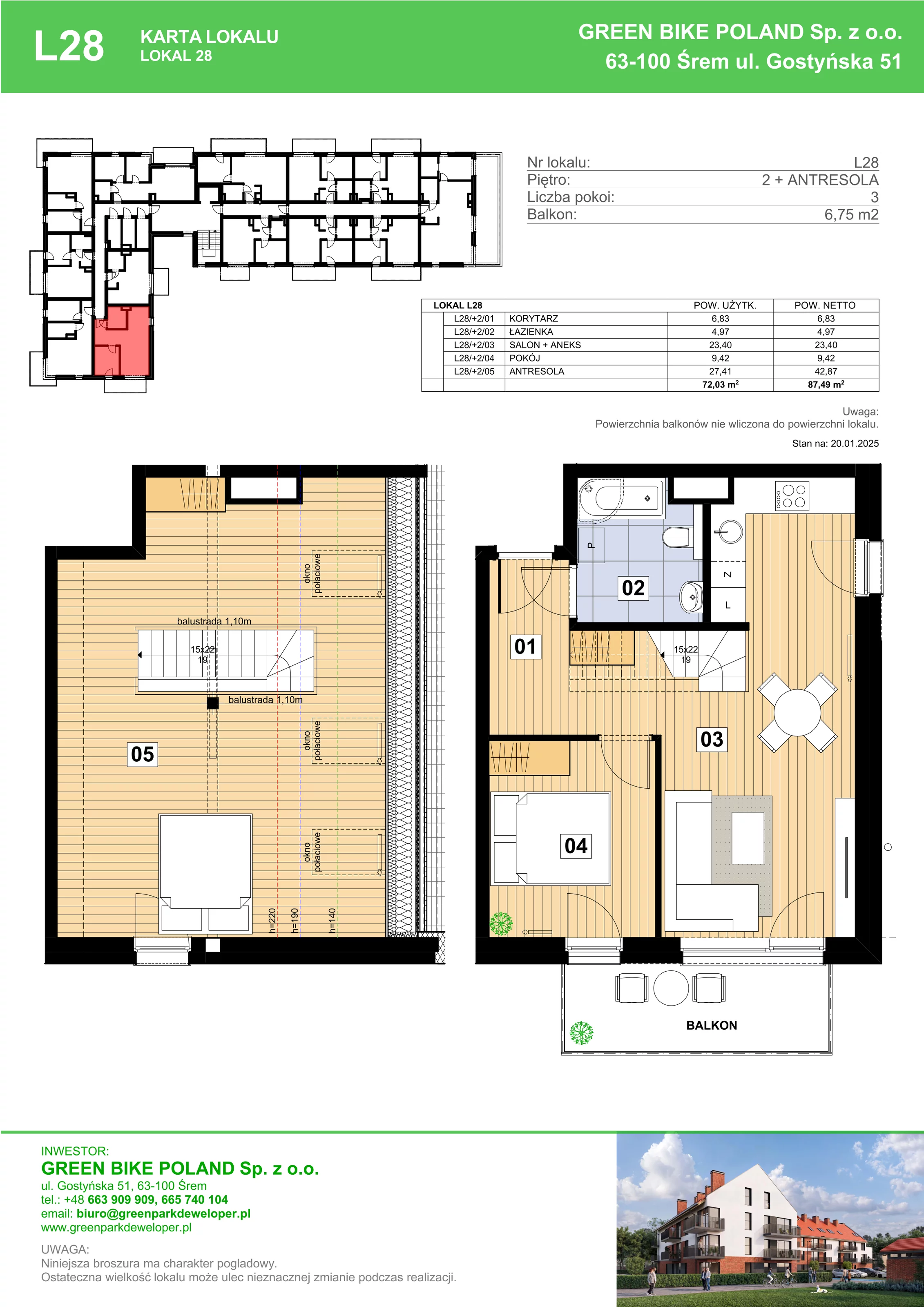 3 pokoje, mieszkanie 72,03 m², piętro 2, oferta nr L28, Mickiewicza 21 Residence, Śrem, ul. Mickiewicza 21