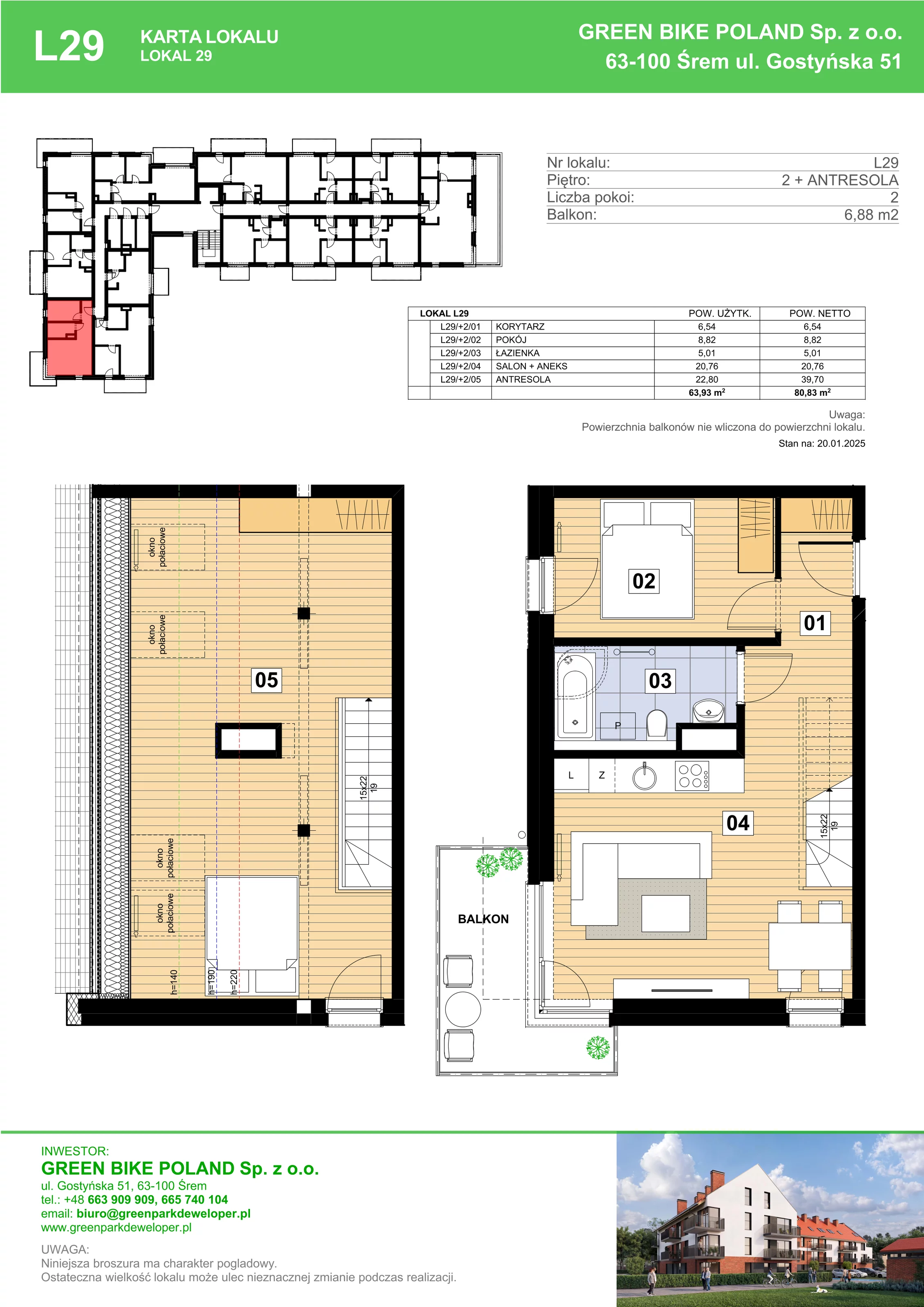 3 pokoje, mieszkanie 63,93 m², piętro 2, oferta nr L29, Mickiewicza 21 Residence, Śrem, ul. Mickiewicza 21