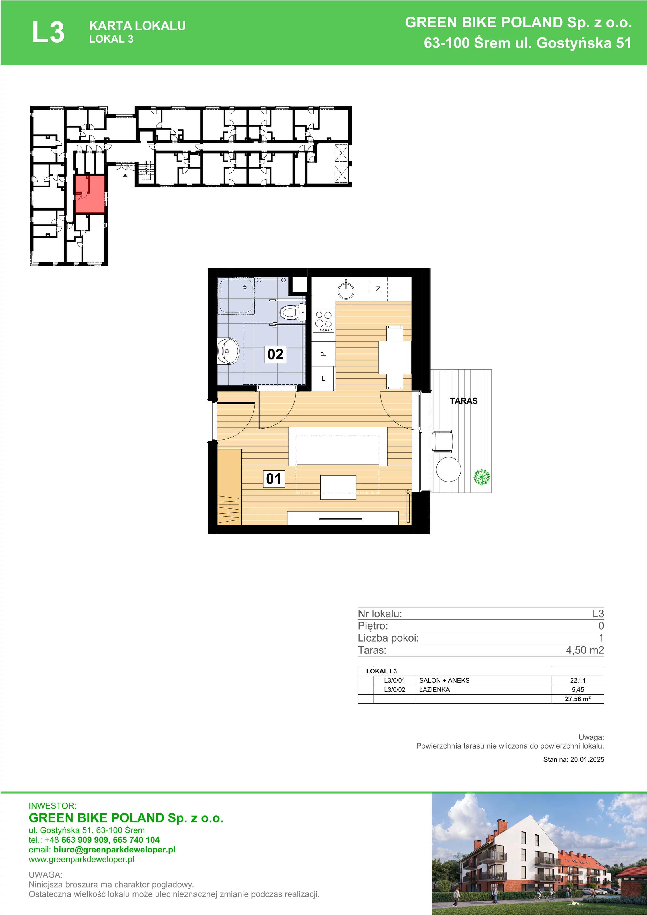 1 pokój, mieszkanie 27,56 m², parter, oferta nr L03, Mickiewicza 21 Residence, Śrem, ul. Mickiewicza 21