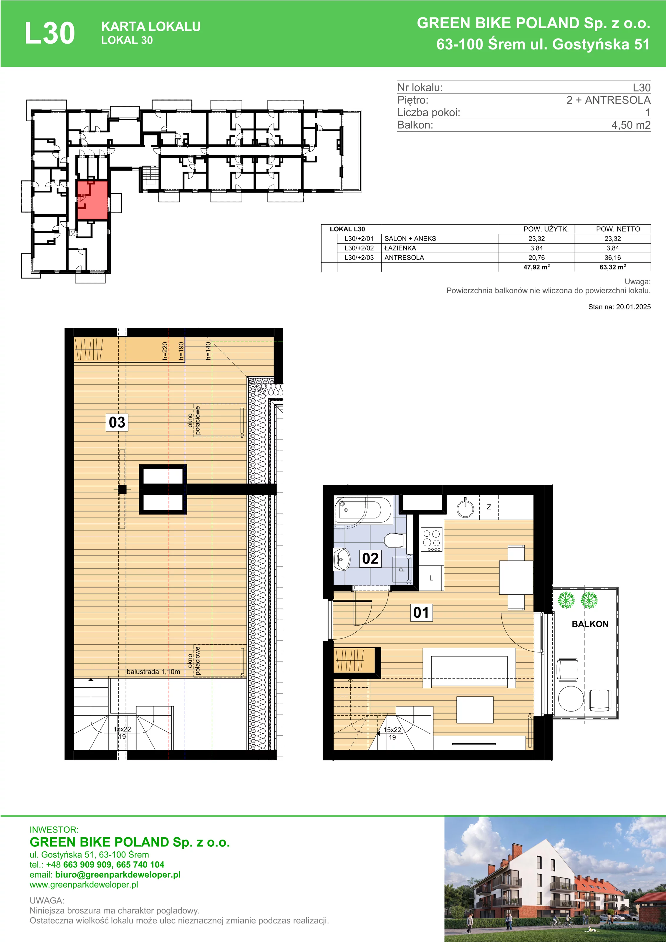 2 pokoje, mieszkanie 47,92 m², piętro 2, oferta nr L30, Mickiewicza 21 Residence, Śrem, ul. Mickiewicza 21