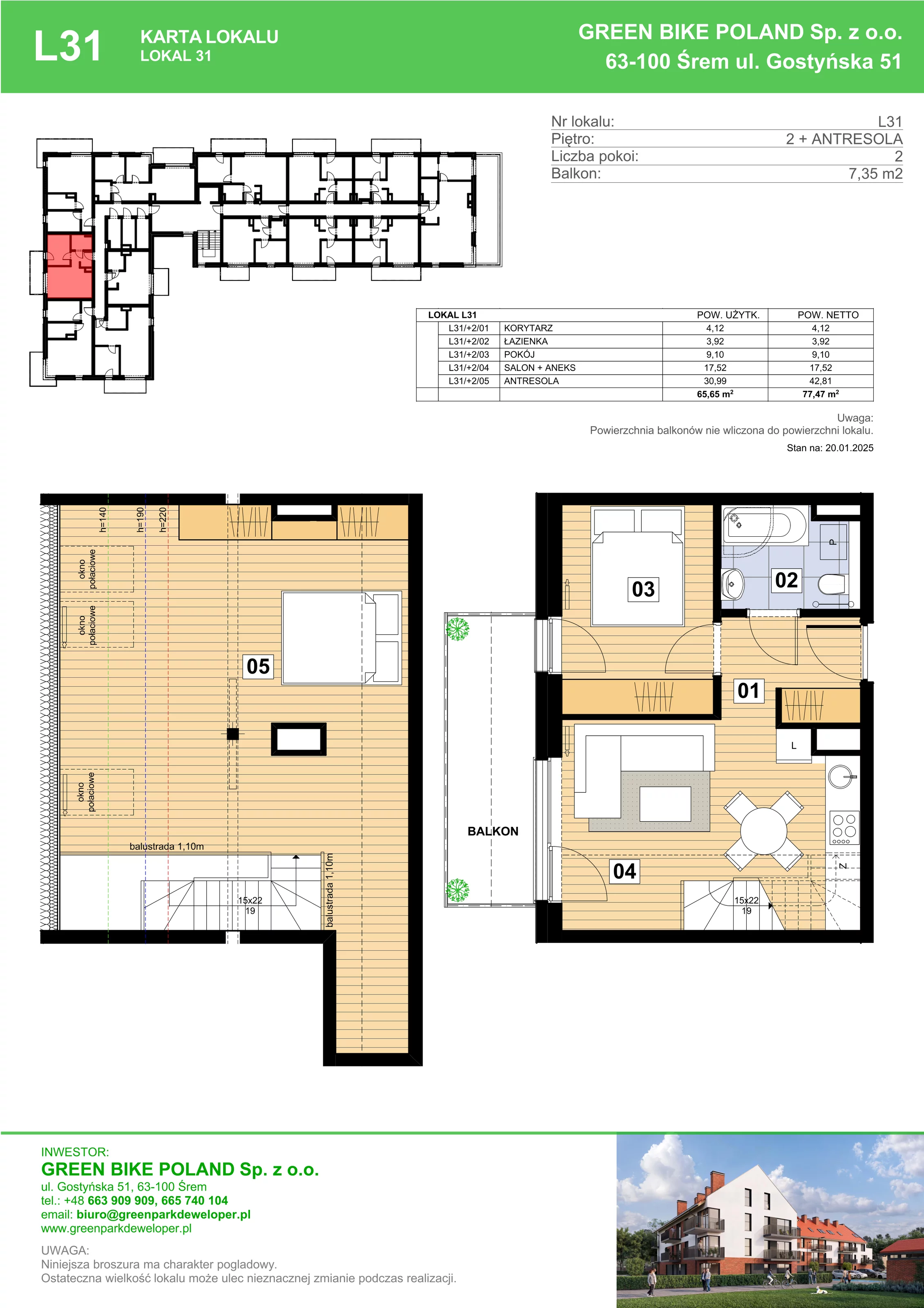 3 pokoje, mieszkanie 65,65 m², piętro 2, oferta nr L31, Mickiewicza 21 Residence, Śrem, ul. Mickiewicza 21