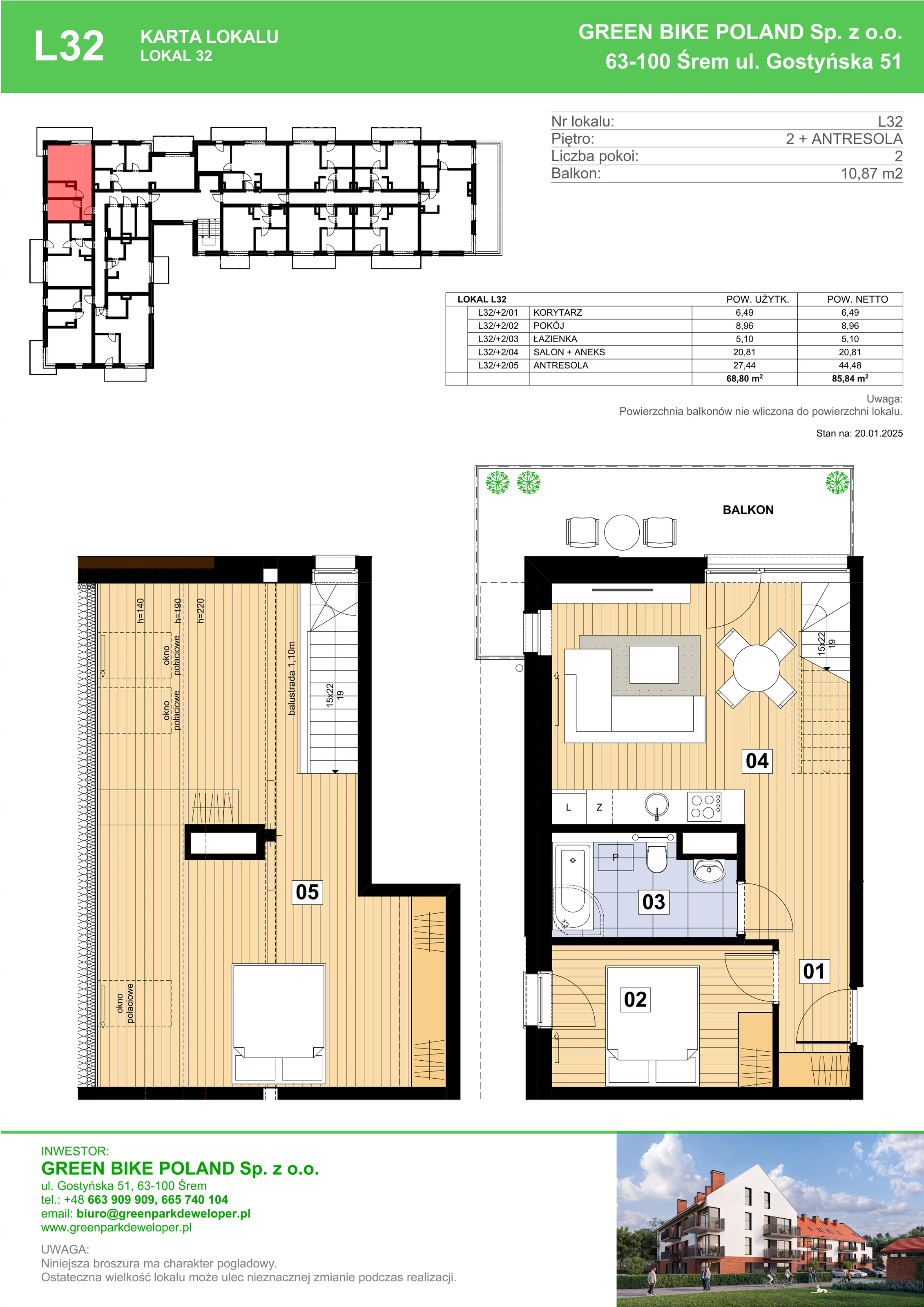3 pokoje, mieszkanie 68,80 m², piętro 2, oferta nr L32, Mickiewicza 21 Residence, Śrem, ul. Mickiewicza 21