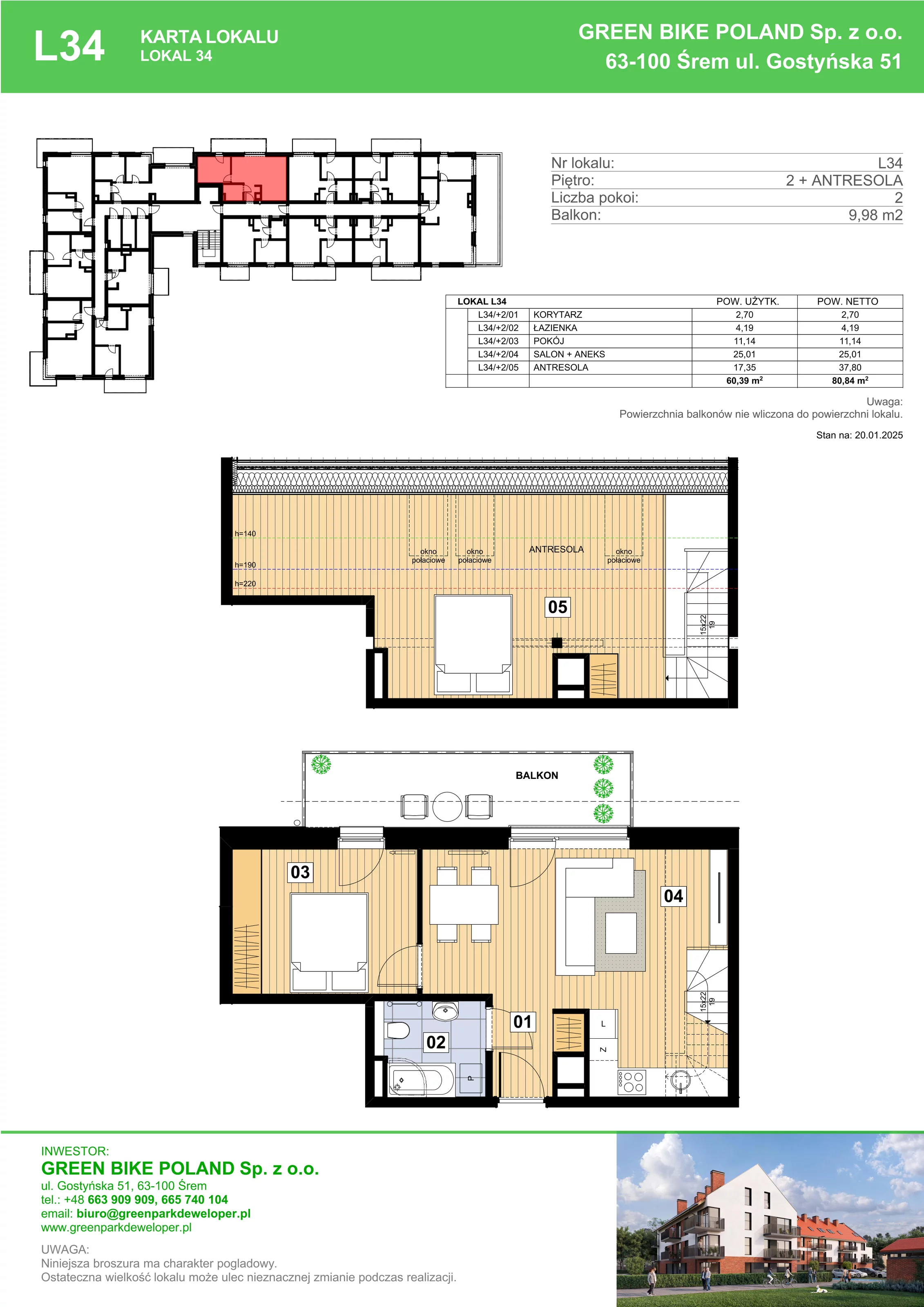 3 pokoje, mieszkanie 60,39 m², piętro 2, oferta nr L34, Mickiewicza 21 Residence, Śrem, ul. Mickiewicza 21
